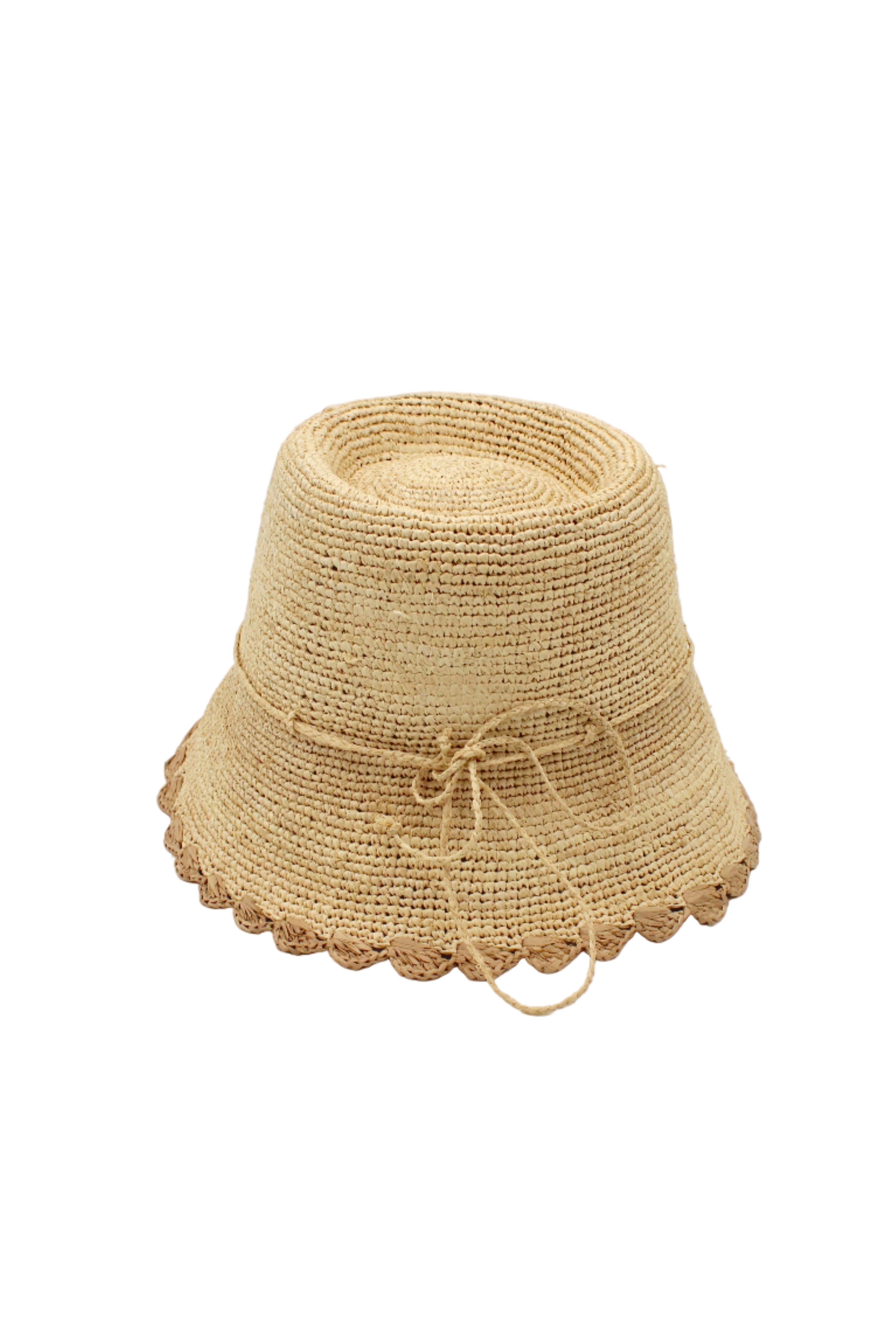 Kate Natural with Cappuccino Crochet Bucket Straw Hats with Colored Lace Weave Edge handmade woven raffia palm fiber in a solid hue of natural straw color in a subtle link texture with cappuccino tea/light/brown lace weave floral edge trim around the outer brim two tone multicolor uv protection hat - Shebobo