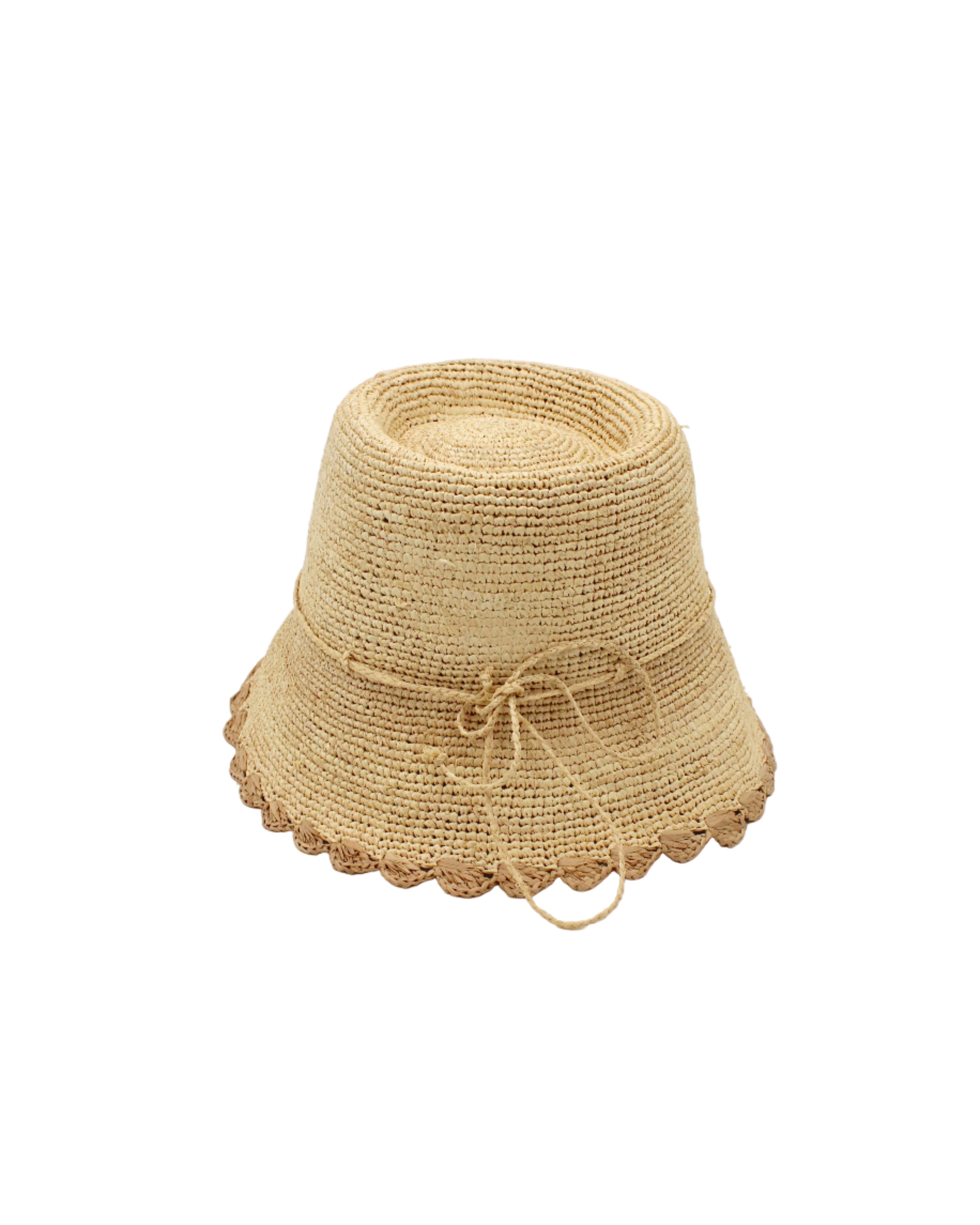 Kate Natural with Cappuccino Crochet Bucket Straw Hats with Colored Lace Weave Edge handmade woven raffia palm fiber in a solid hue of natural straw color in a subtle link texture with cappuccino tea/light/brown lace weave floral edge trim around the outer brim two tone multicolor uv protection hat - Shebobo