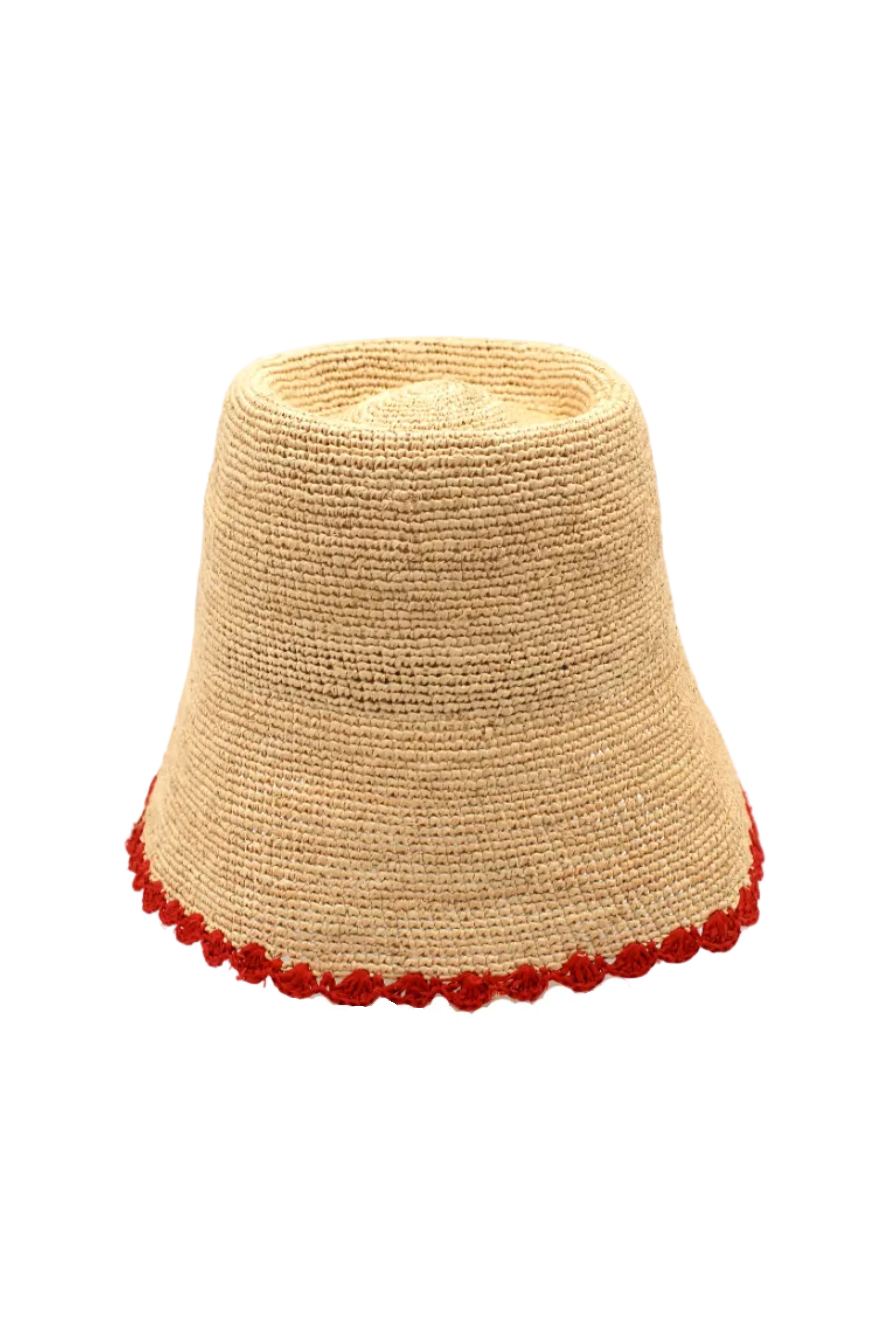 Kate Natural with Fuchsia Crochet Bucket Straw Hats with Colored Lace Weave Edge handmade woven raffia palm fiber in a solid hue of natural straw color in a subtle link texture with coral orange/red lace weave floral edge trim around the outer brim two tone multicolor uv protection hat - Shebobo