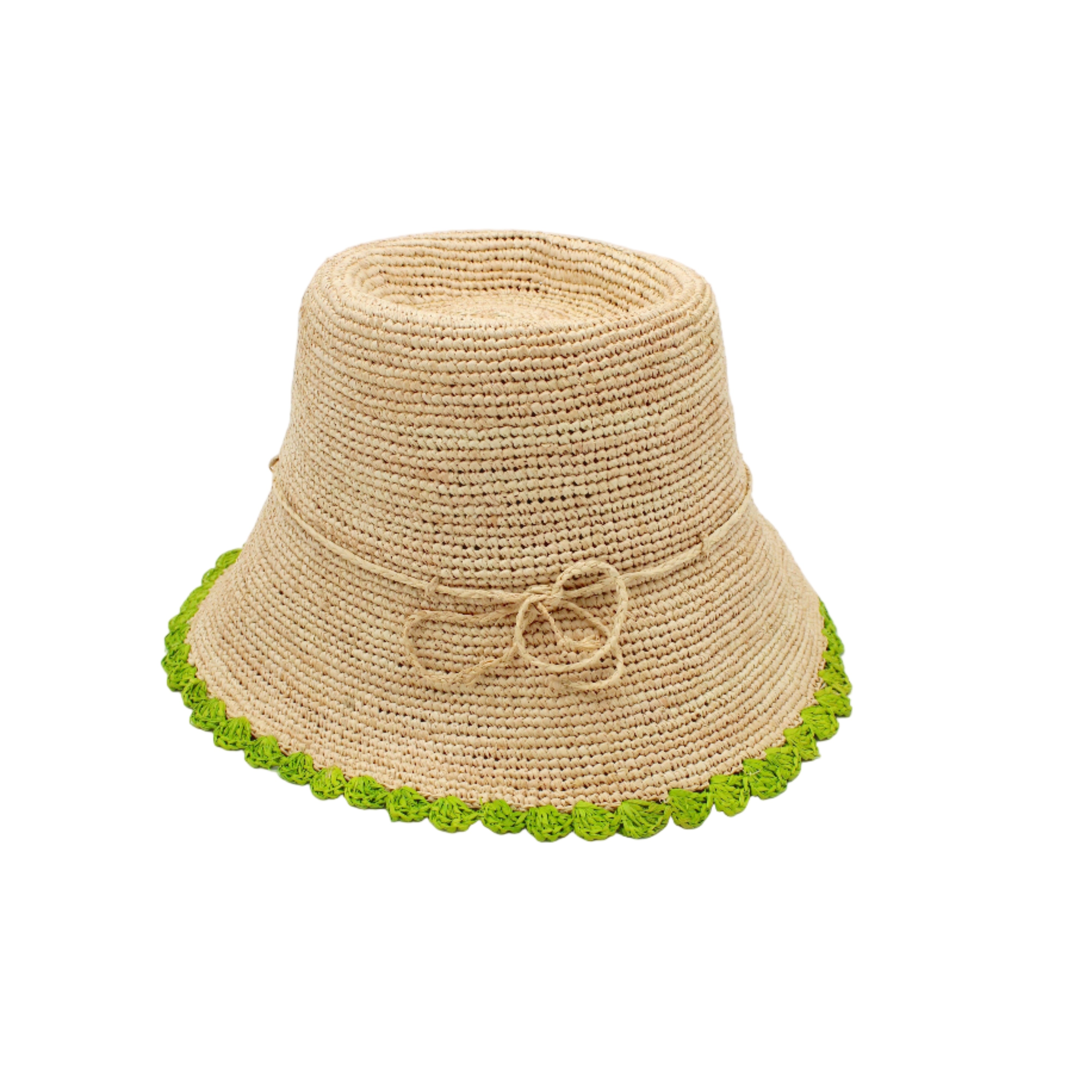 Kate Natural with Midori Crochet Bucket Straw Hats with Colored Lace Weave Edge handmade woven raffia palm fiber in a solid hue of natural straw color in a subtle link texture with midori lime/bright/neon/green lace weave floral edge trim around the outer brim two tone multicolor uv protection hat - Shebobo