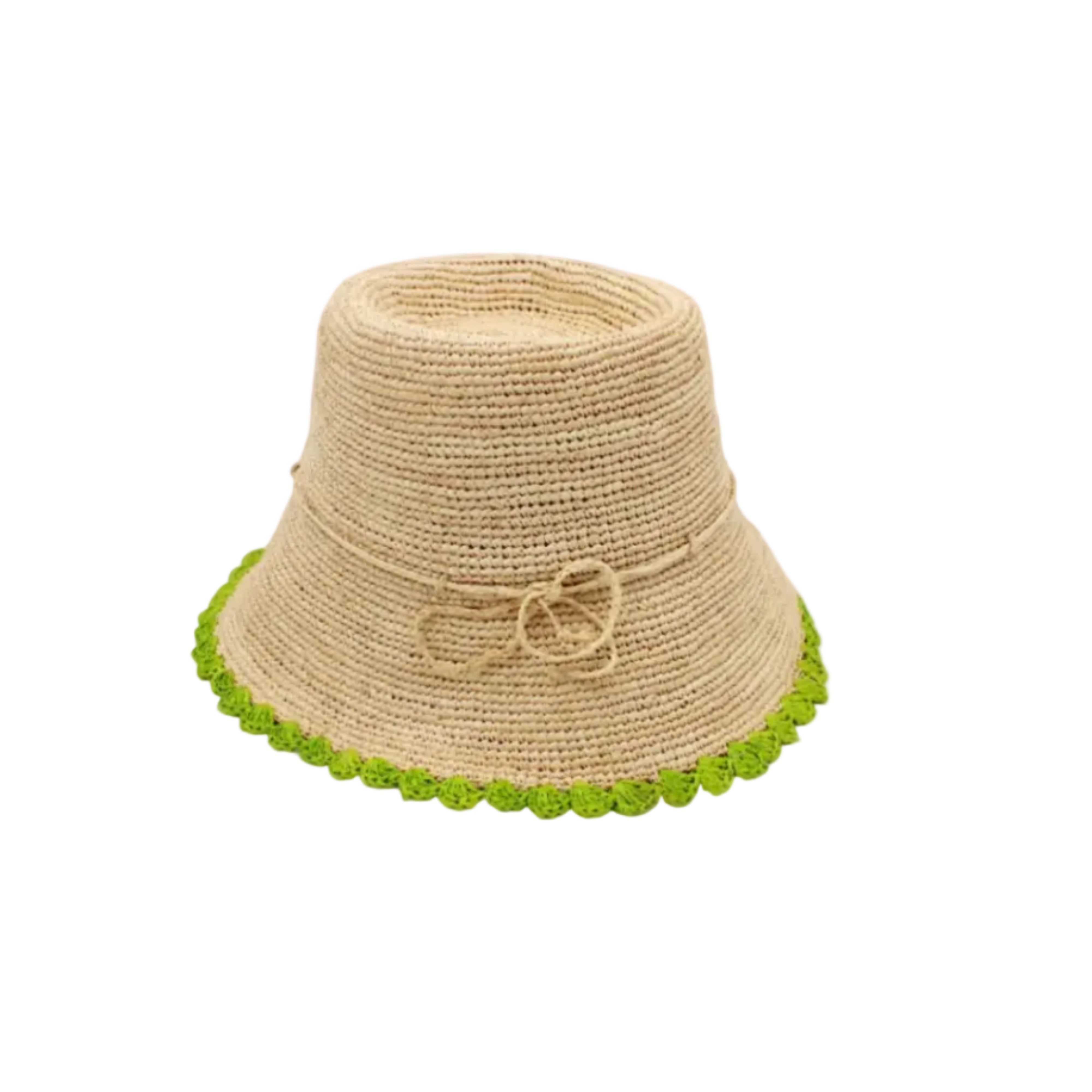 Kate Natural with Midori Crochet Bucket Straw Hats with Colored Lace Weave Edge handmade woven raffia palm fiber in a solid hue of natural straw color in a subtle link texture with midori lime/bright/neon/green lace weave floral edge trim around the outer brim two tone multicolor uv protection hat - Shebobo