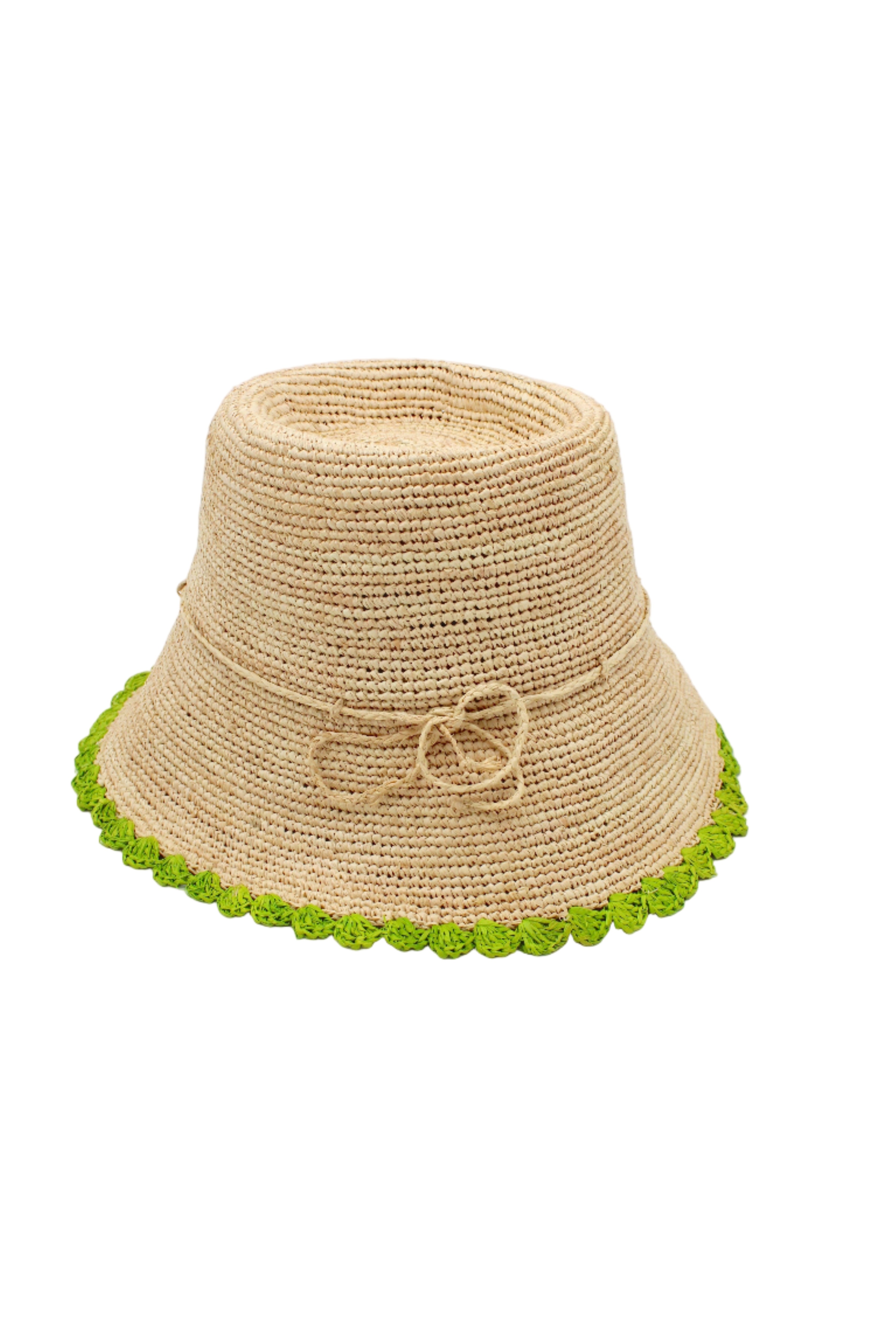 Kate Natural with Midori Crochet Bucket Straw Hats with Colored Lace Weave Edge handmade woven raffia palm fiber in a solid hue of natural straw color in a subtle link texture with midori lime/bright/neon/green lace weave floral edge trim around the outer brim two tone multicolor uv protection hat - Shebobo