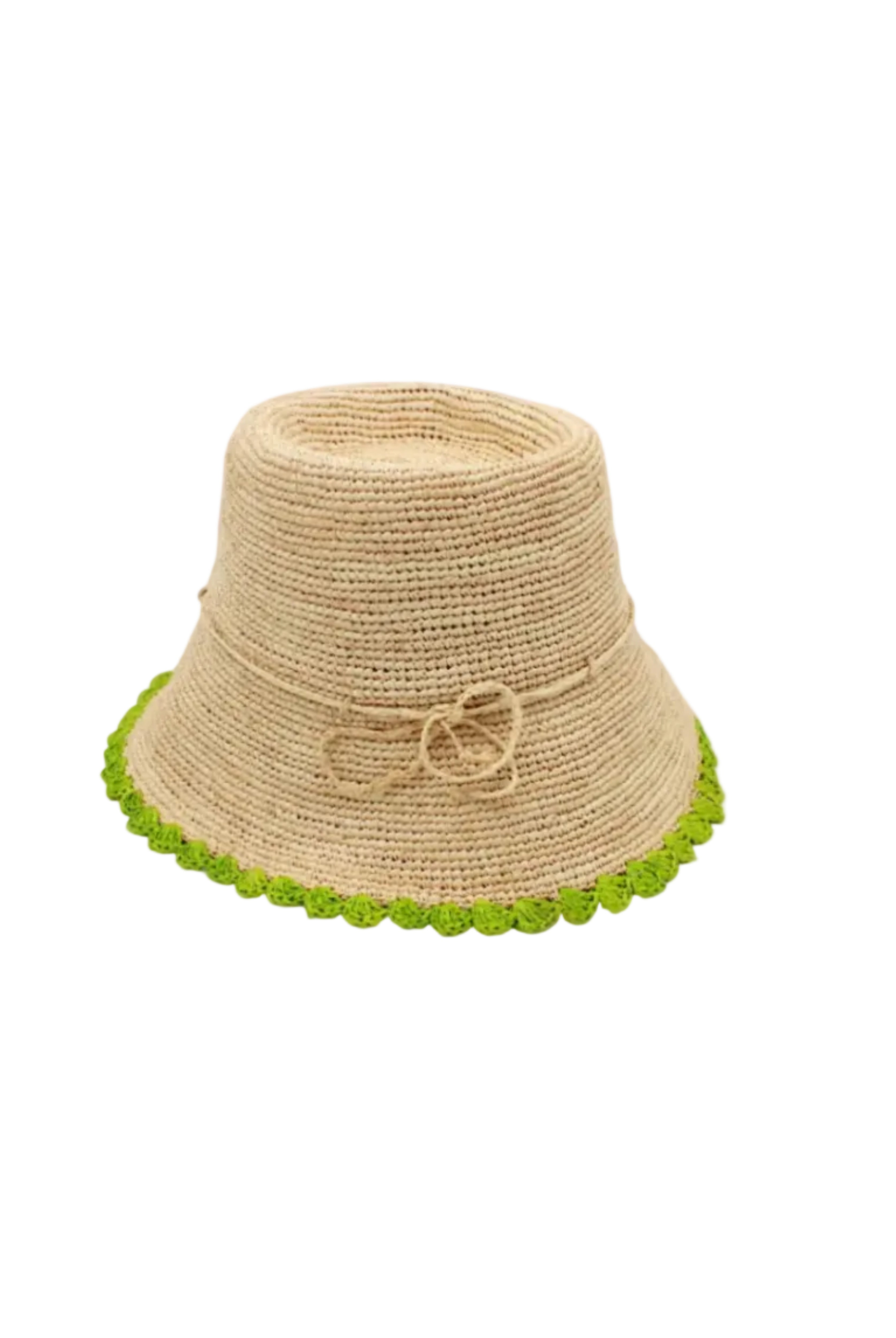 Kate Natural with Midori Crochet Bucket Straw Hats with Colored Lace Weave Edge handmade woven raffia palm fiber in a solid hue of natural straw color in a subtle link texture with midori lime/bright/neon/green lace weave floral edge trim around the outer brim two tone multicolor uv protection hat - Shebobo