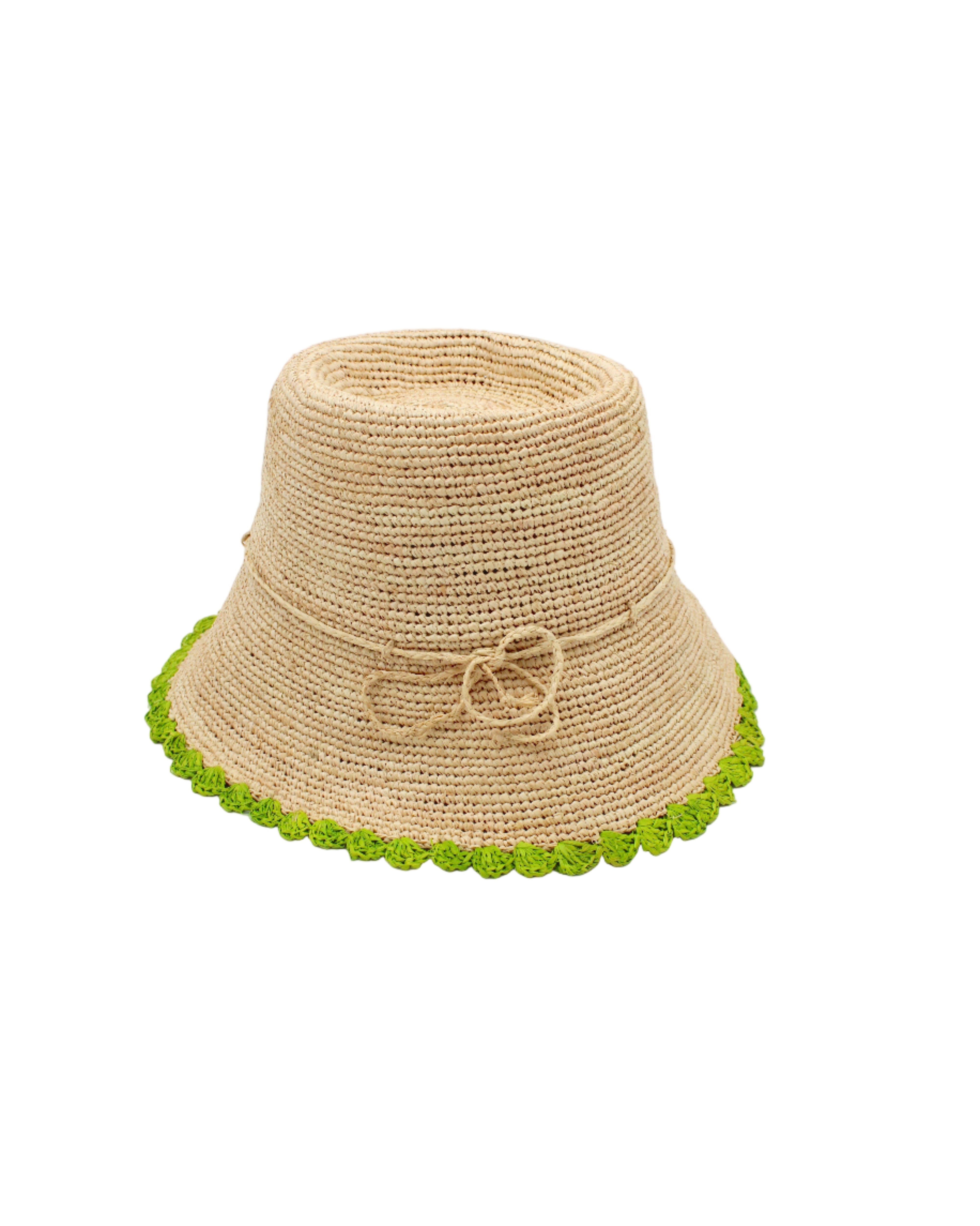 Kate Natural with Midori Crochet Bucket Straw Hats with Colored Lace Weave Edge handmade woven raffia palm fiber in a solid hue of natural straw color in a subtle link texture with midori lime/bright/neon/green lace weave floral edge trim around the outer brim two tone multicolor uv protection hat - Shebobo