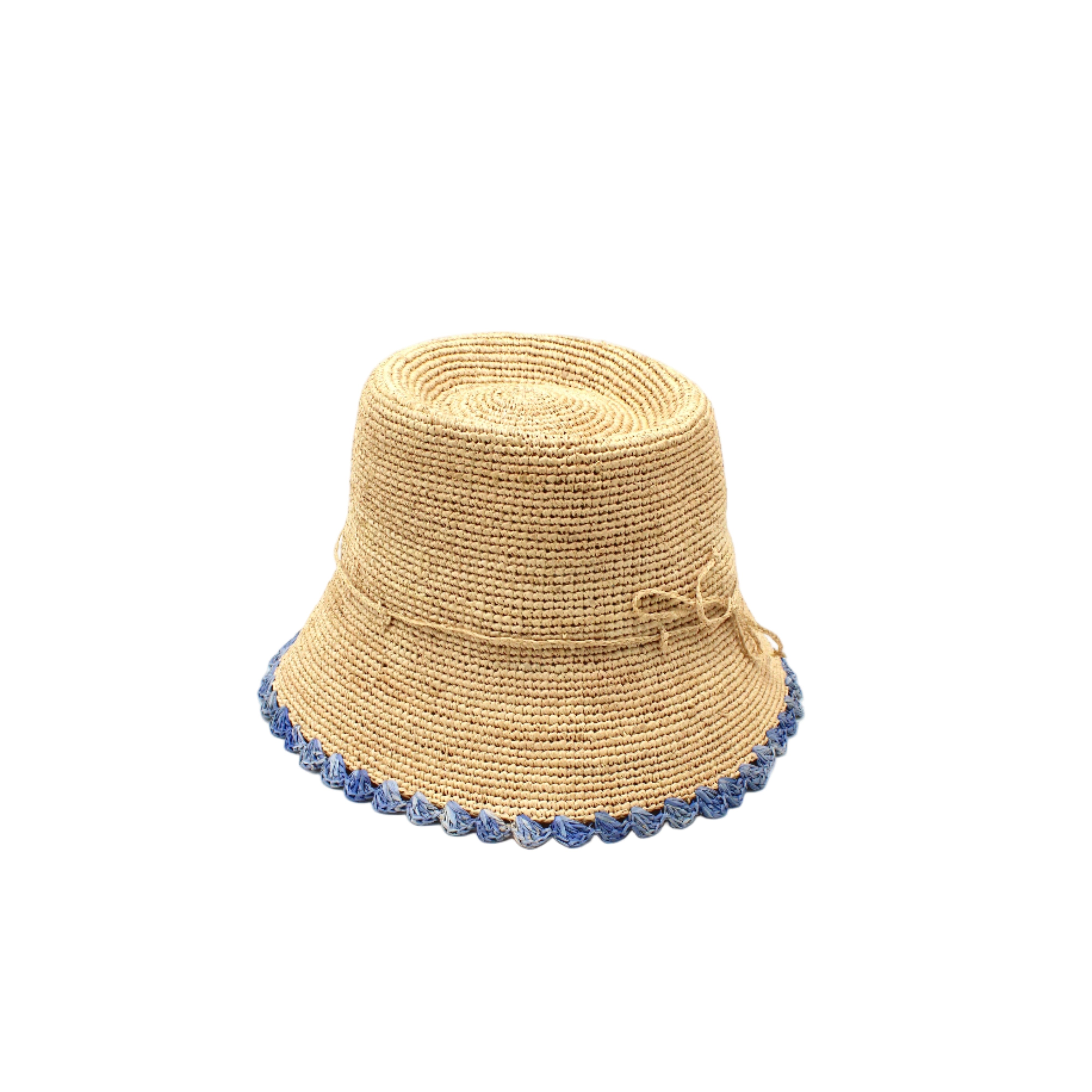 Kate Natural with Denim Crochet Bucket Straw Hats with Colored Lace Weave Edge handmade woven raffia palm fiber in a solid hue of natural straw color in a subtle link texture with denim retro/light/blue lace weave floral edge trim around the outer brim two tone multicolor uv protection hat - Shebobo