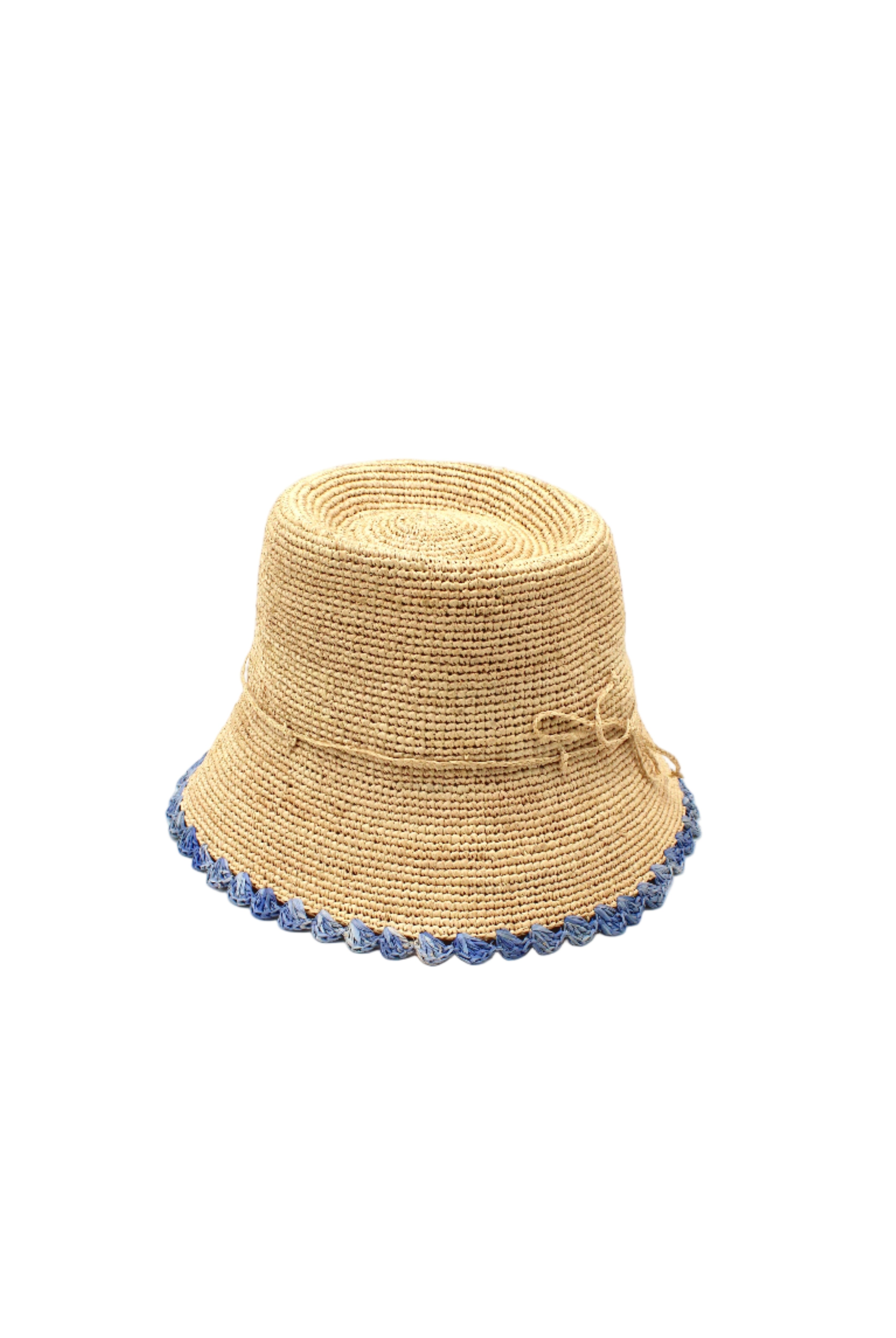 Kate Natural with Denim Crochet Bucket Straw Hats with Colored Lace Weave Edge handmade woven raffia palm fiber in a solid hue of natural straw color in a subtle link texture with denim retro/light/blue lace weave floral edge trim around the outer brim two tone multicolor uv protection hat - Shebobo