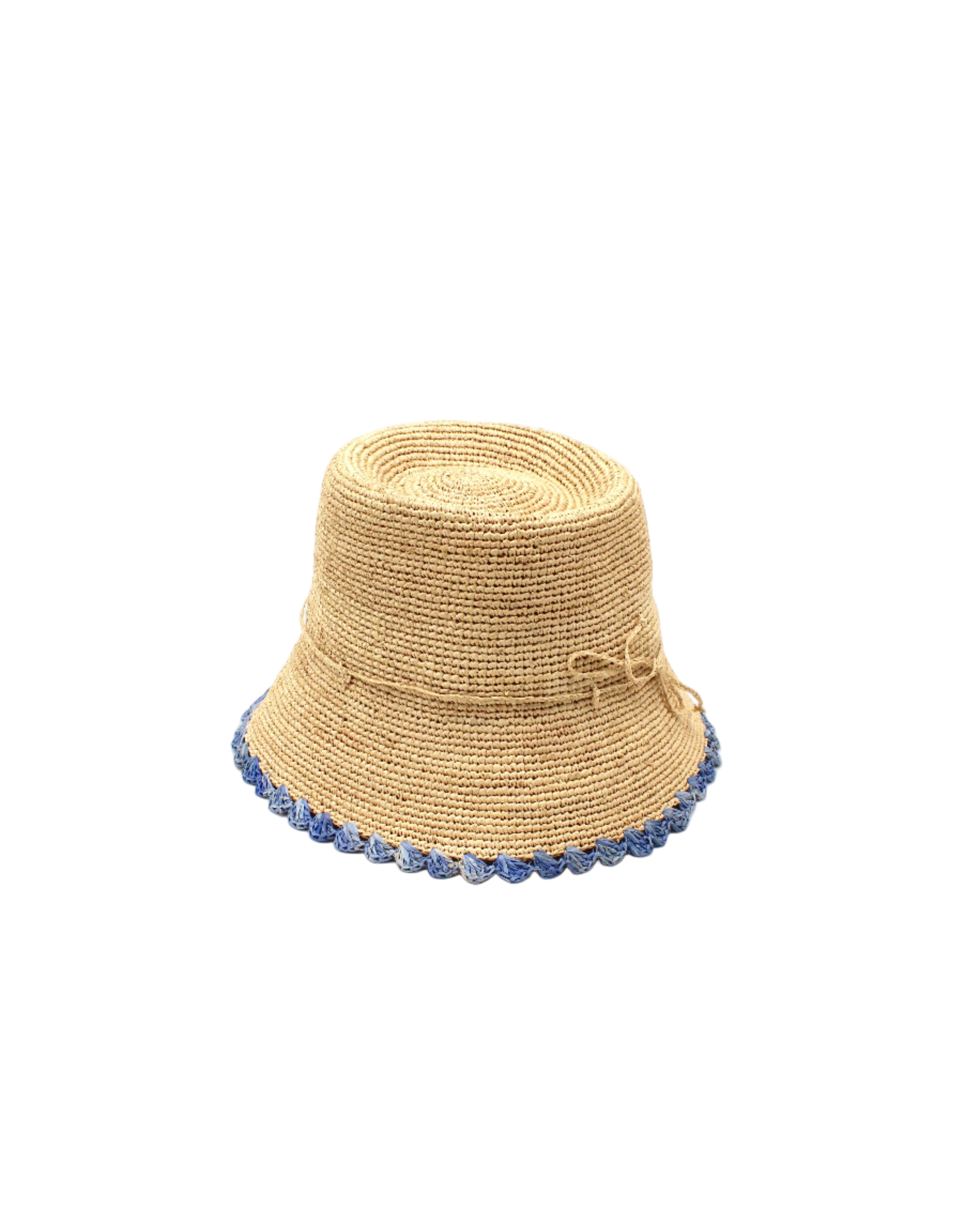 Kate Natural with Denim Crochet Bucket Straw Hats with Colored Lace Weave Edge handmade woven raffia palm fiber in a solid hue of natural straw color in a subtle link texture with denim retro/light/blue lace weave floral edge trim around the outer brim two tone multicolor uv protection hat - Shebobo