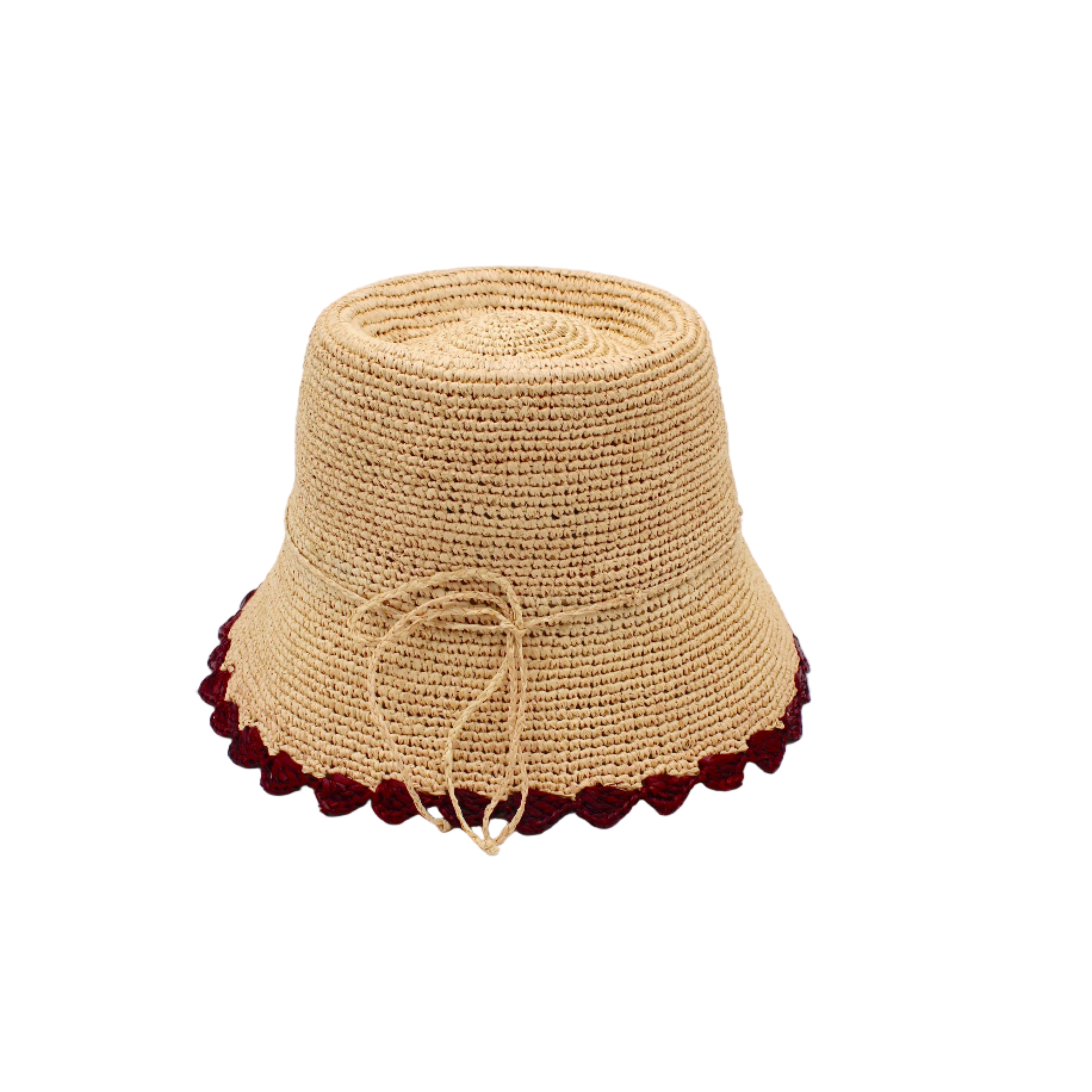 Kate Natural with Umberwine Crochet Bucket Straw Hats with Colored Lace Weave Edge handmade woven raffia palm fiber in a solid hue of natural straw color in a subtle link texture with umberwine bordeaux/claret/deep/dark/red/purple lace weave floral edge trim around the outer brim two tone multicolor uv protection hat - Shebobo