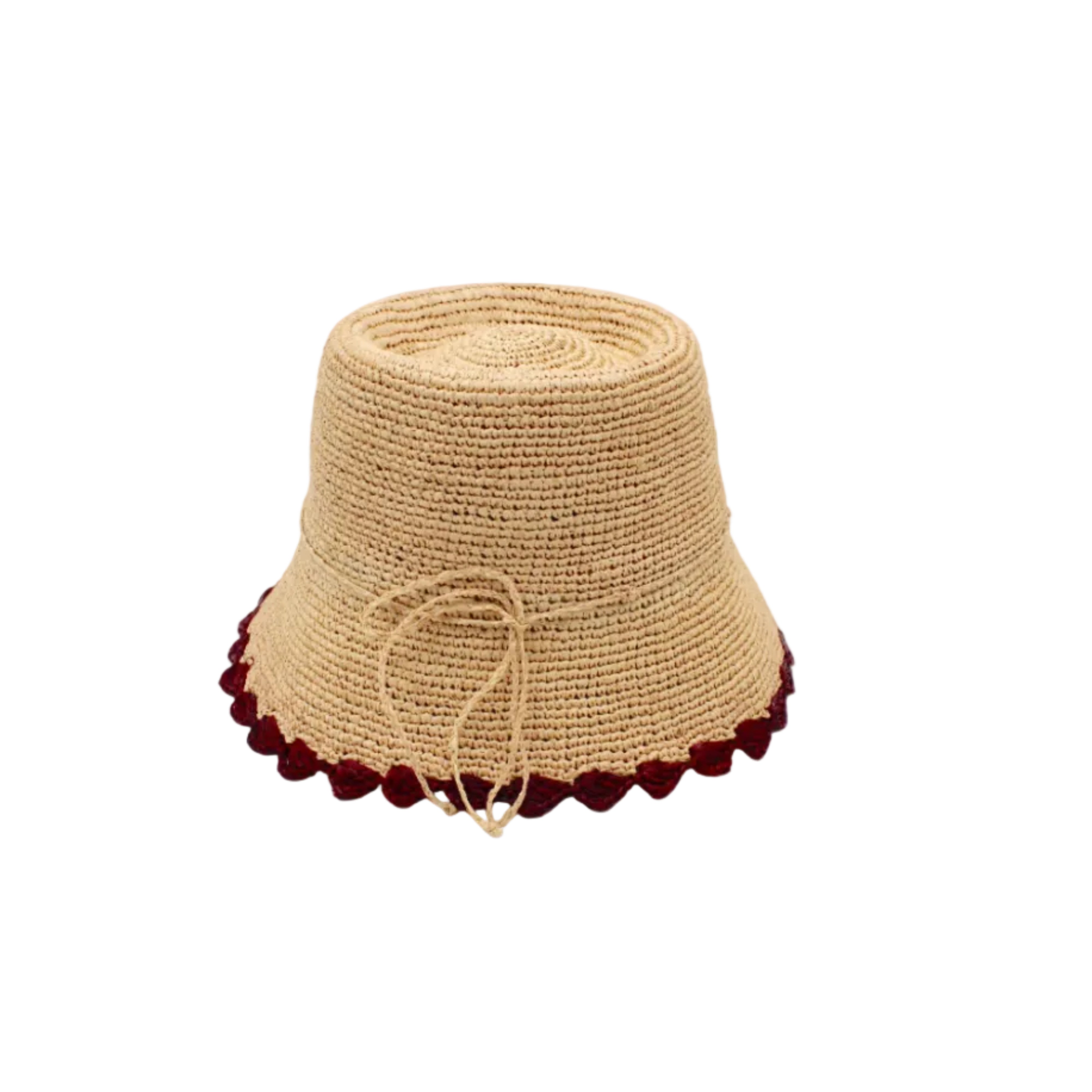 Kate Natural with Umberwine Crochet Bucket Straw Hats with Colored Lace Weave Edge handmade woven raffia palm fiber in a solid hue of natural straw color in a subtle link texture with umberwine bordeaux/claret/deep/dark/red/purple lace weave floral edge trim around the outer brim two tone multicolor uv protection hat - Shebobo