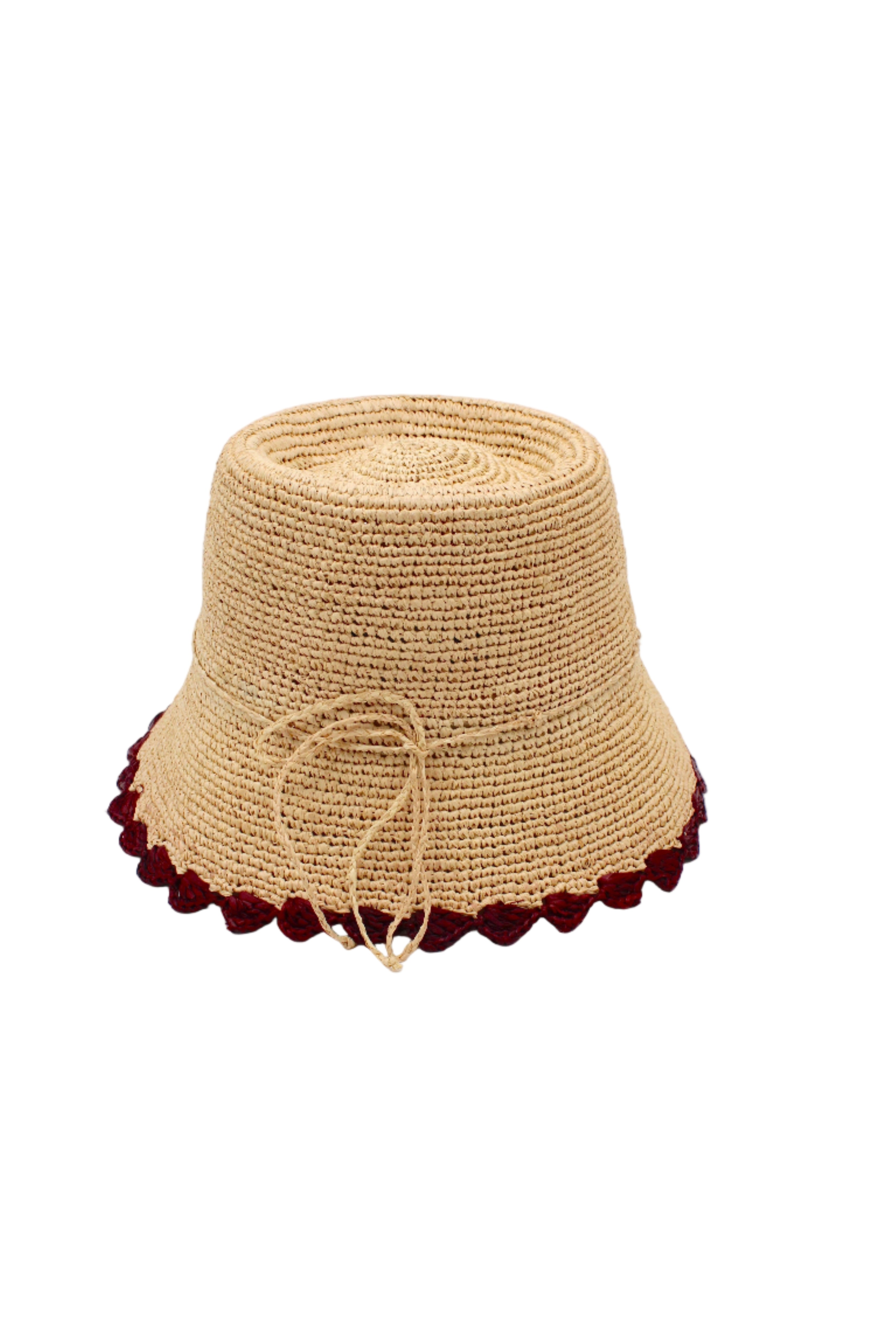 Kate Natural with Umberwine Crochet Bucket Straw Hats with Colored Lace Weave Edge handmade woven raffia palm fiber in a solid hue of natural straw color in a subtle link texture with umberwine bordeaux/claret/deep/dark/red/purple lace weave floral edge trim around the outer brim two tone multicolor uv protection hat - Shebobo