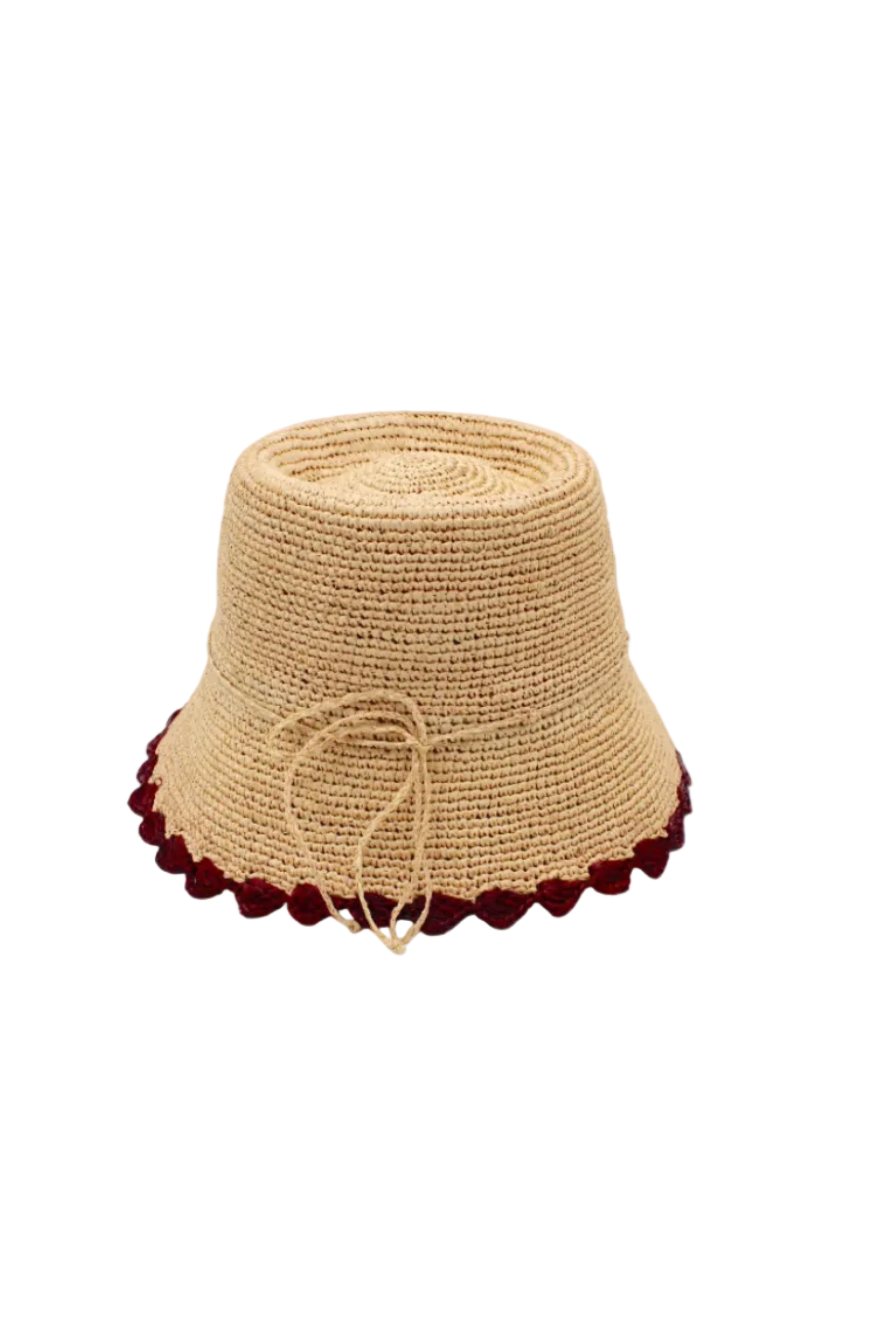 Kate Natural with Umberwine Crochet Bucket Straw Hats with Colored Lace Weave Edge handmade woven raffia palm fiber in a solid hue of natural straw color in a subtle link texture with umberwine bordeaux/claret/deep/dark/red/purple lace weave floral edge trim around the outer brim two tone multicolor uv protection hat - Shebobo
