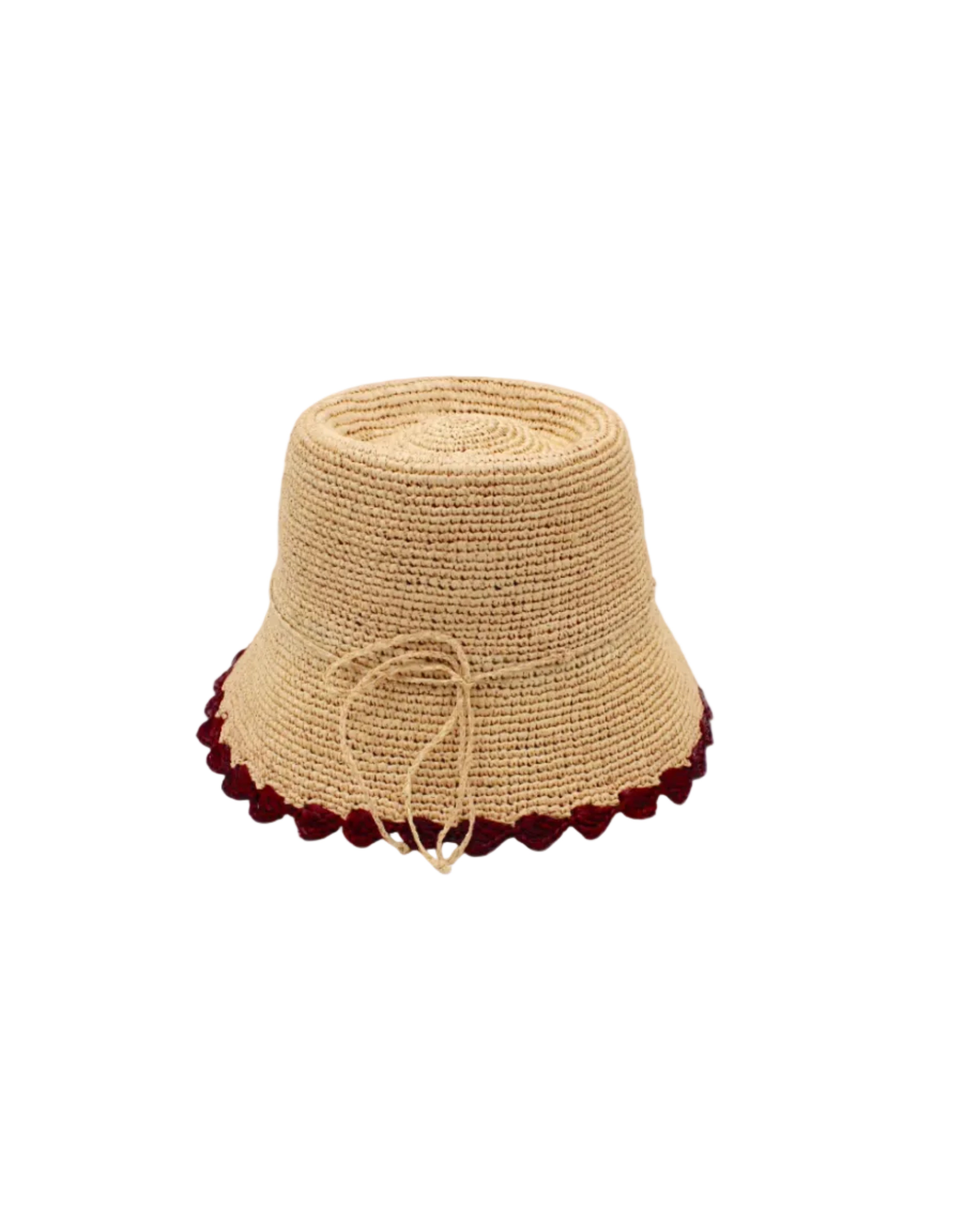 Kate Natural with Umberwine Crochet Bucket Straw Hats with Colored Lace Weave Edge handmade woven raffia palm fiber in a solid hue of natural straw color in a subtle link texture with umberwine bordeaux/claret/deep/dark/red/purple lace weave floral edge trim around the outer brim two tone multicolor uv protection hat - Shebobo