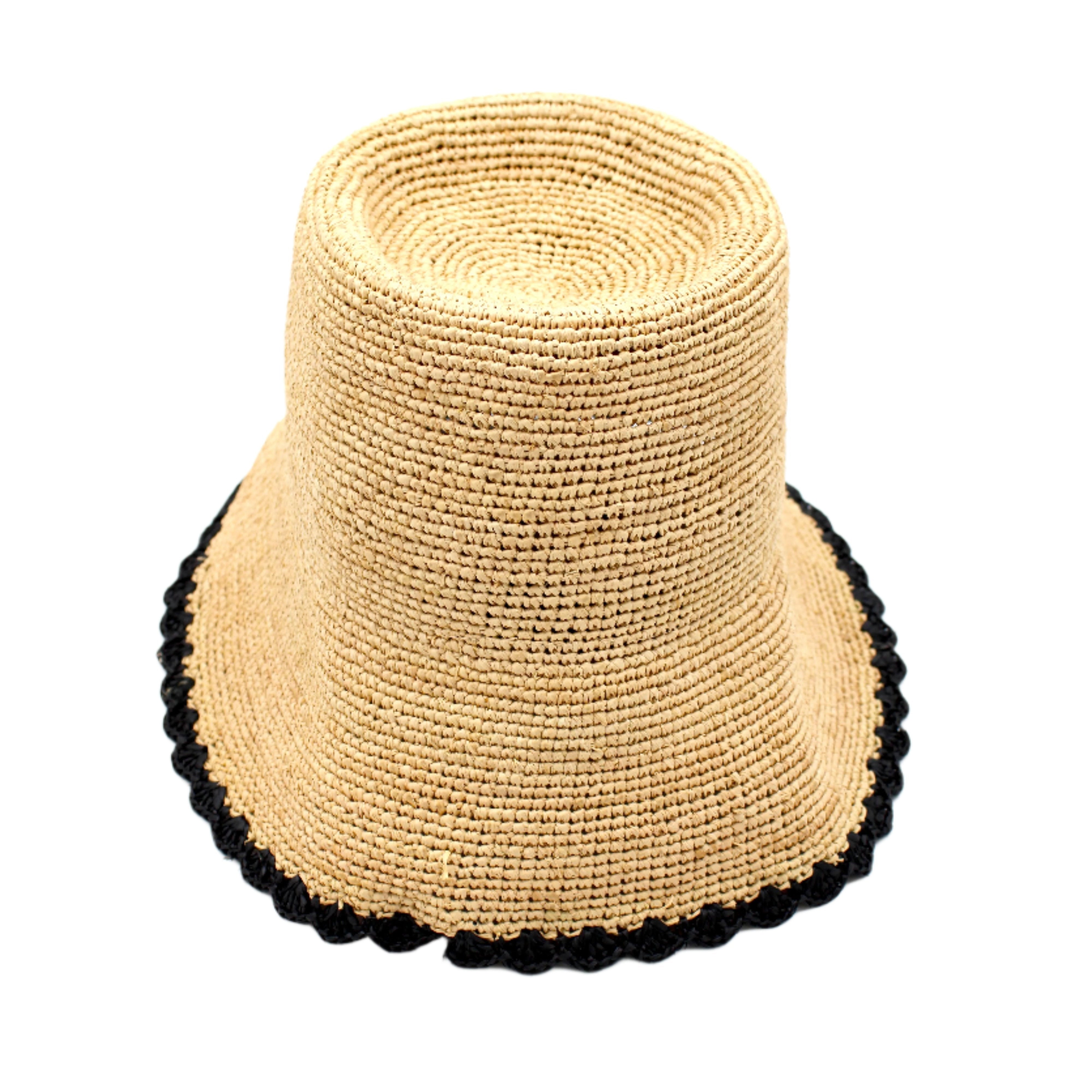 Kate Natural with Black Crochet Bucket Straw Hats with Colored Lace Weave Edge handmade woven raffia palm fiber in a solid hue of natural straw color in a subtle link texture with black lace weave floral edge trim around the outer brim two tone multicolor uv protection hat - Shebobo