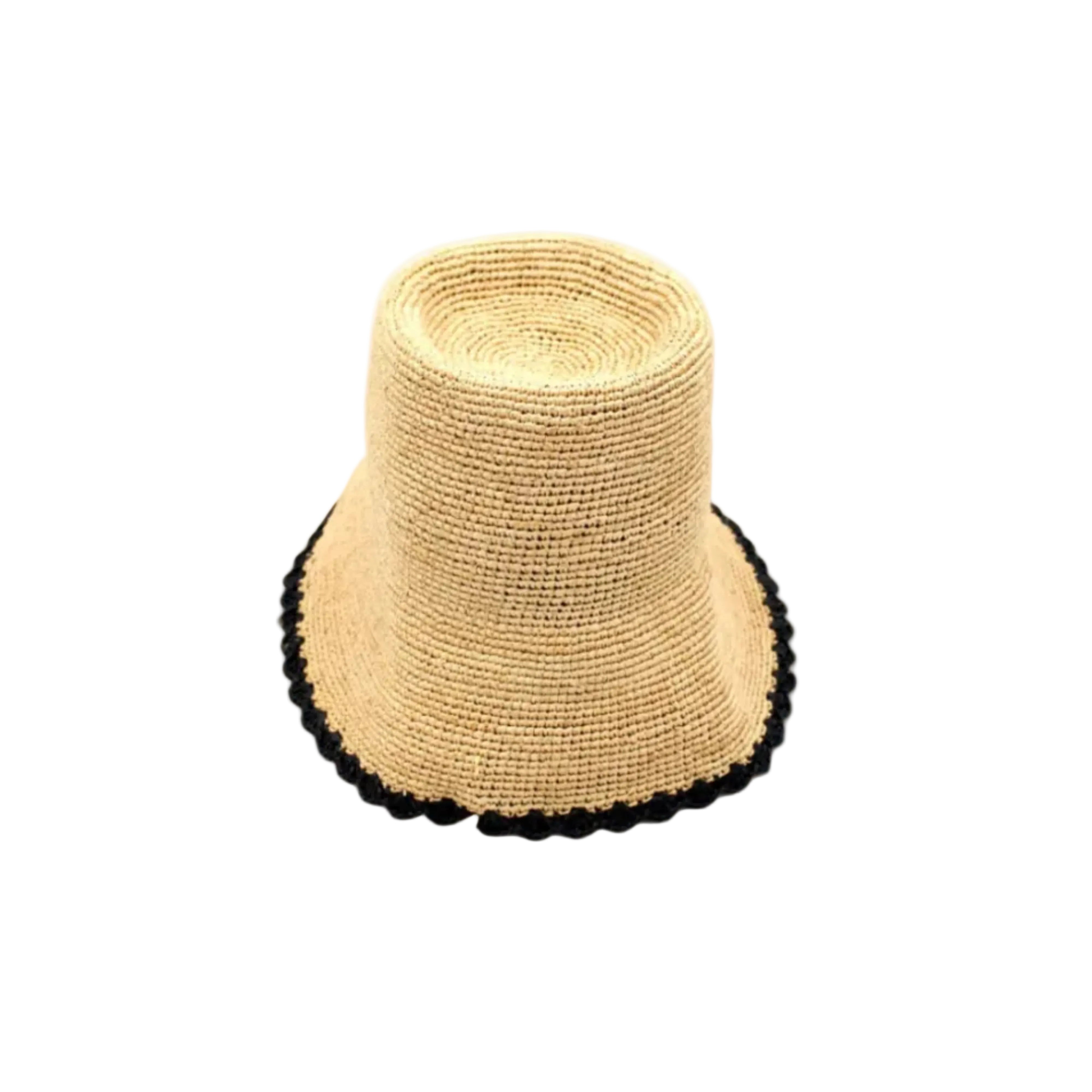 Kate Natural with Black Crochet Bucket Straw Hats with Colored Lace Weave Edge handmade woven raffia palm fiber in a solid hue of natural straw color in a subtle link texture with black lace weave floral edge trim around the outer brim two tone multicolor uv protection hat - Shebobo
