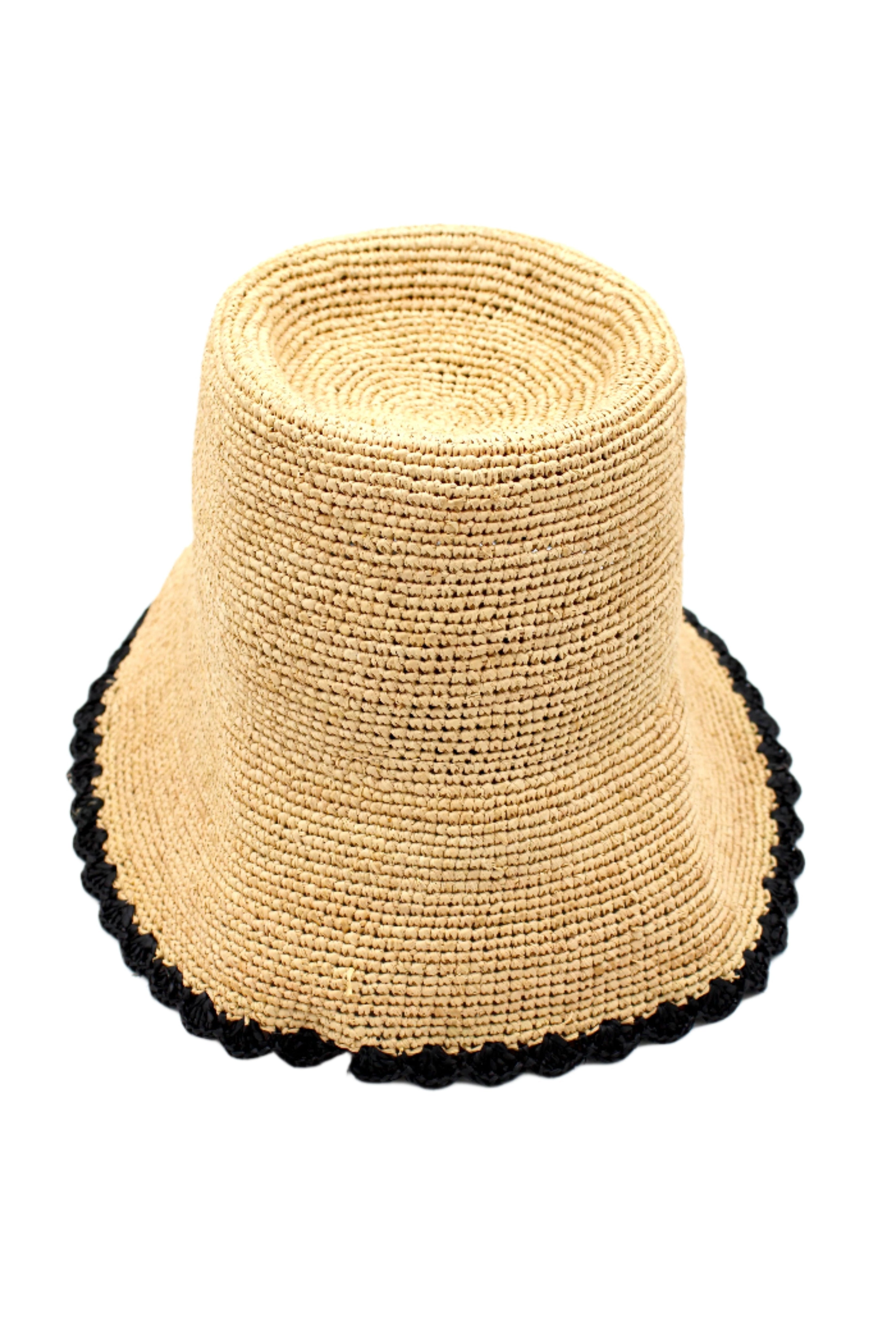 Kate Natural with Black Crochet Bucket Straw Hats with Colored Lace Weave Edge handmade woven raffia palm fiber in a solid hue of natural straw color in a subtle link texture with black lace weave floral edge trim around the outer brim two tone multicolor uv protection hat - Shebobo