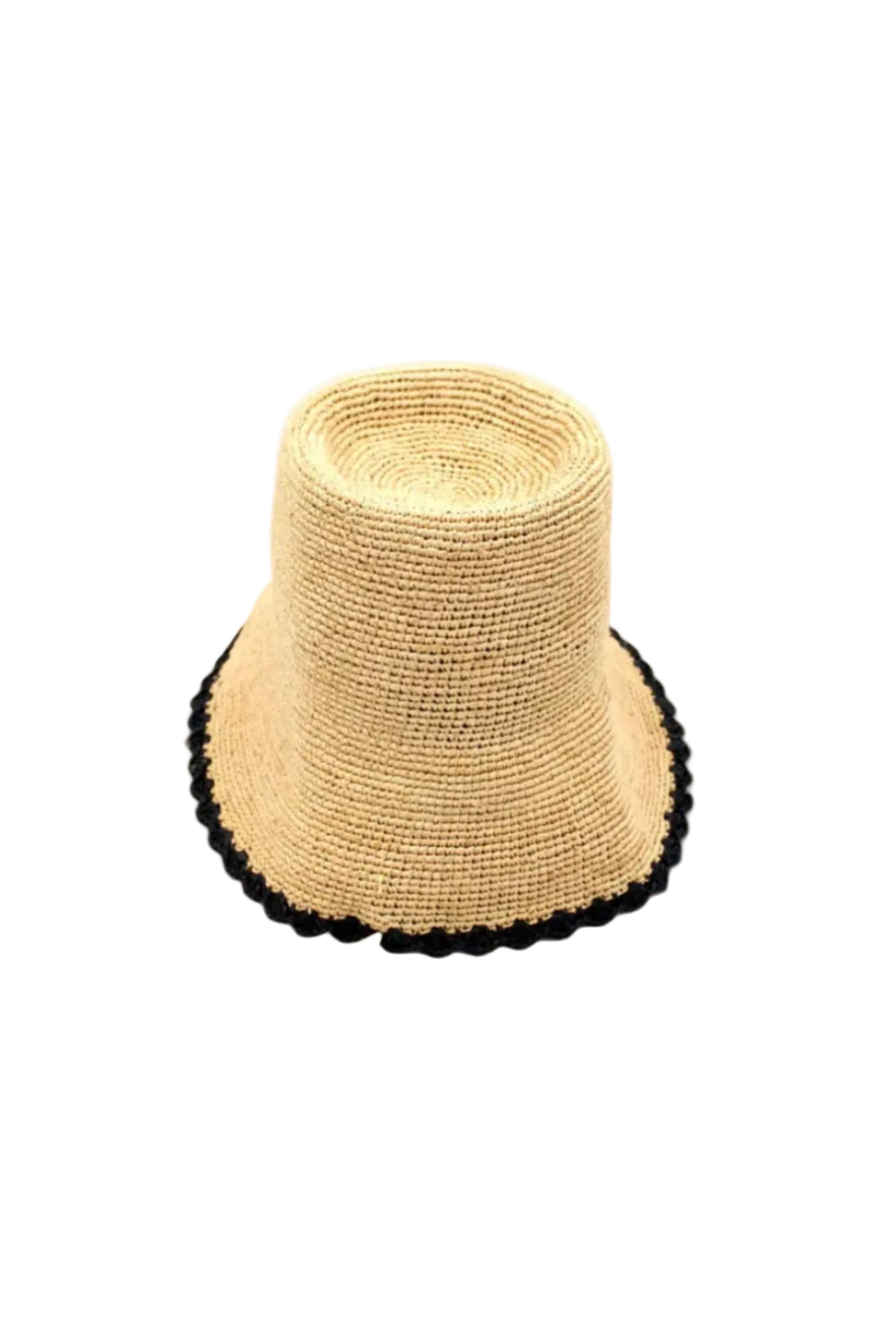 Kate Natural with Black Crochet Bucket Straw Hats with Colored Lace Weave Edge handmade woven raffia palm fiber in a solid hue of natural straw color in a subtle link texture with black lace weave floral edge trim around the outer brim two tone multicolor uv protection hat - Shebobo