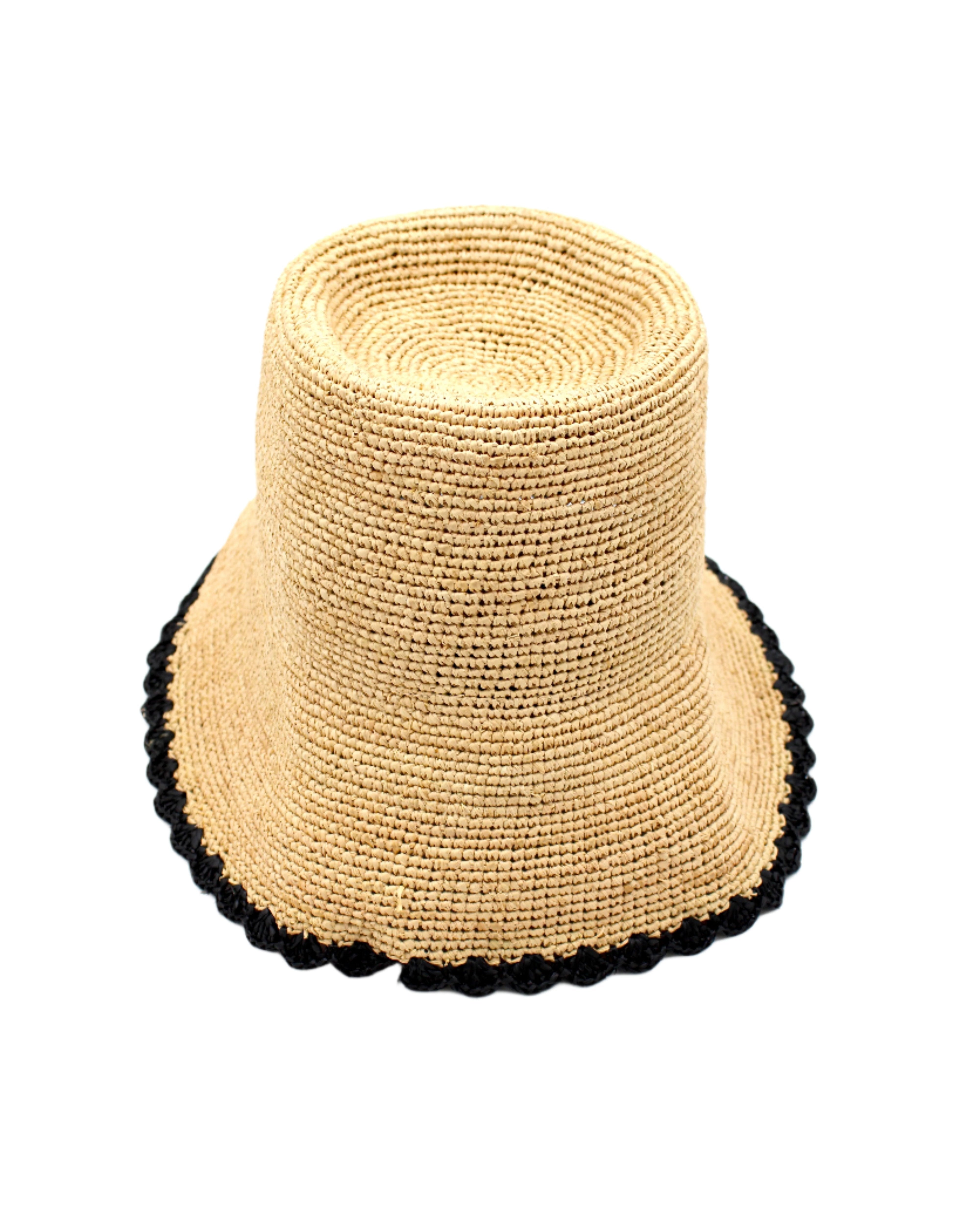 Kate Natural with Black Crochet Bucket Straw Hats with Colored Lace Weave Edge handmade woven raffia palm fiber in a solid hue of natural straw color in a subtle link texture with black lace weave floral edge trim around the outer brim two tone multicolor uv protection hat - Shebobo