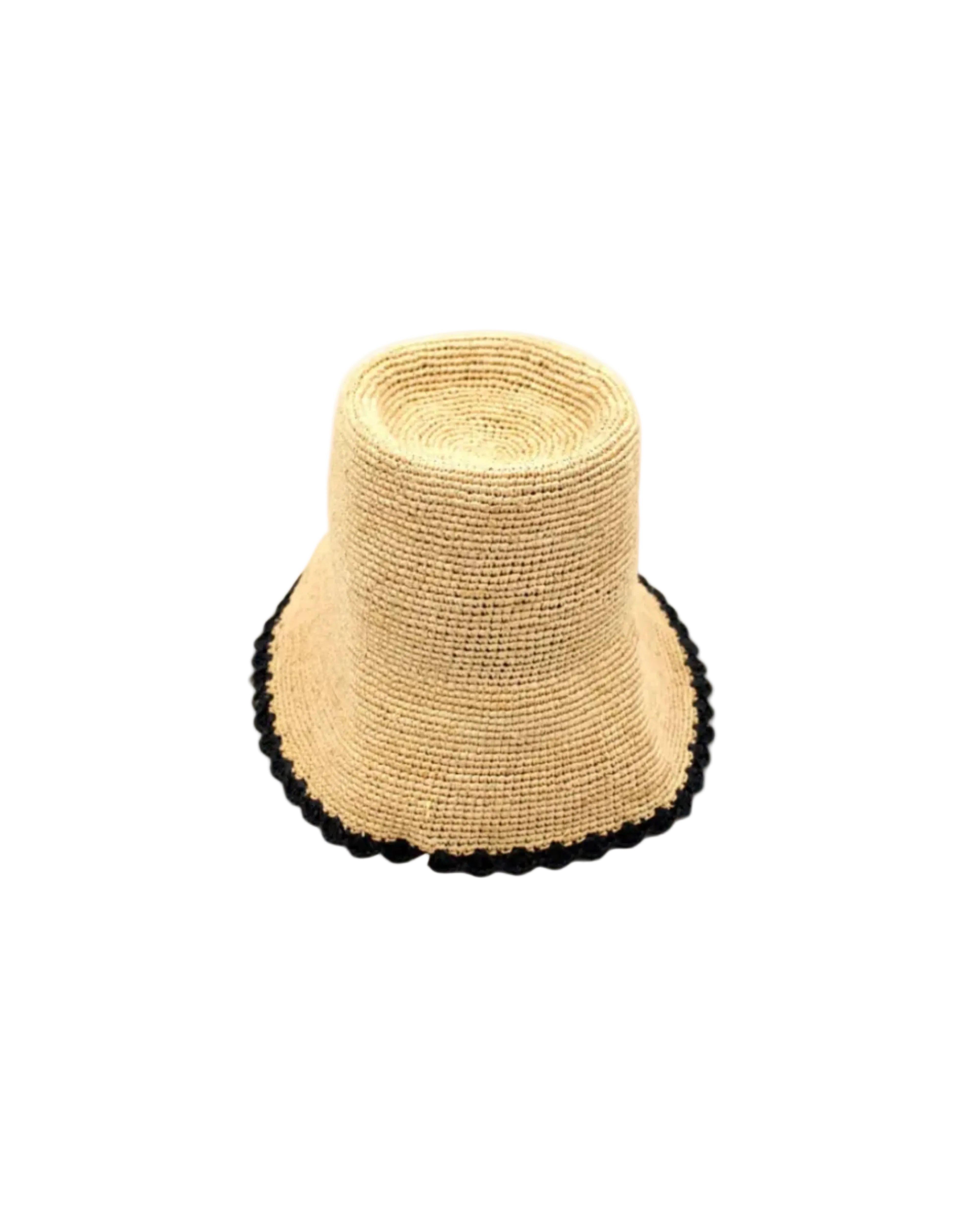 Kate Natural with Black Crochet Bucket Straw Hats with Colored Lace Weave Edge handmade woven raffia palm fiber in a solid hue of natural straw color in a subtle link texture with black lace weave floral edge trim around the outer brim two tone multicolor uv protection hat - Shebobo