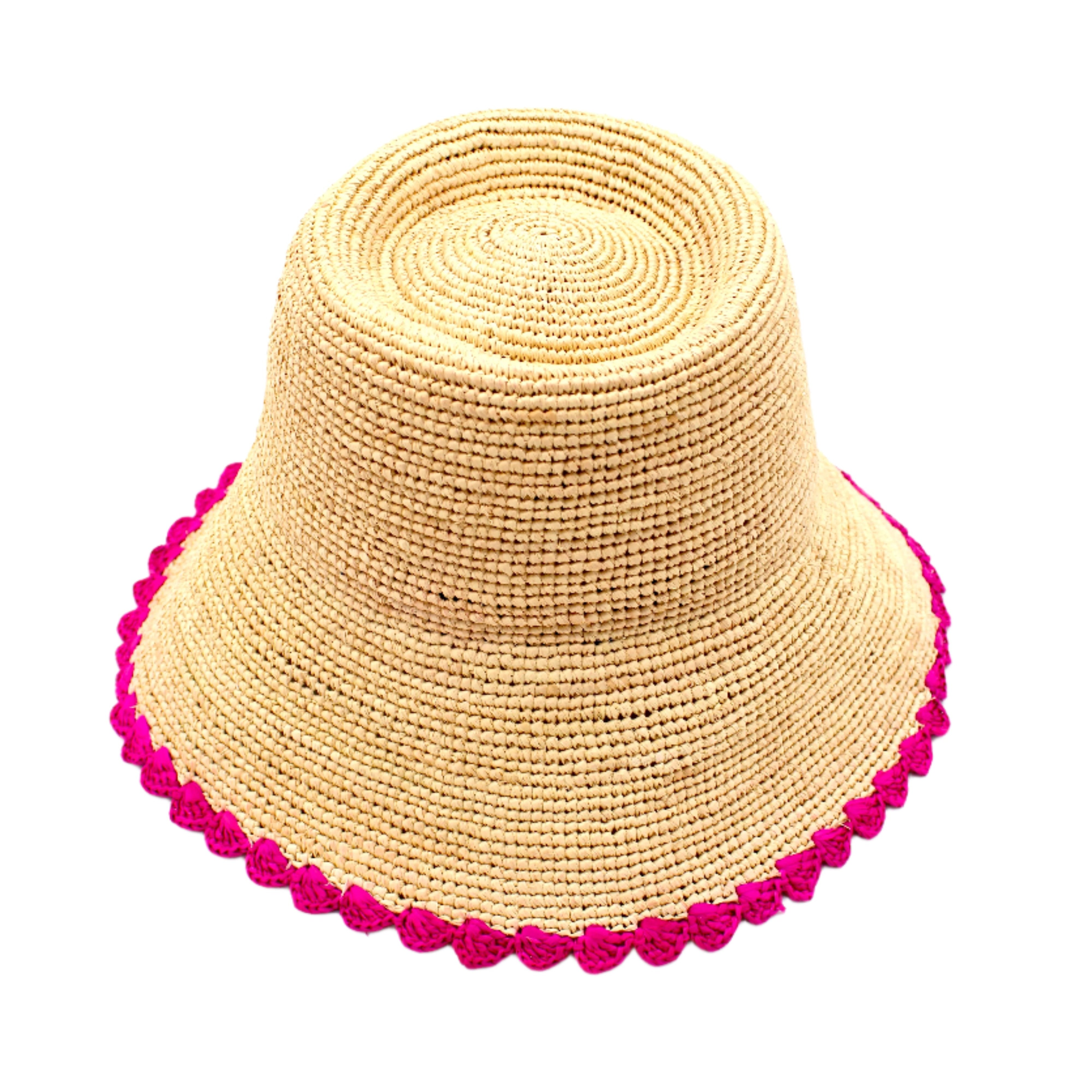 Kate Natural with Fuchsia Crochet Bucket Straw Hats with Colored Lace Weave Edge handmade woven raffia palm fiber in a solid hue of natural straw color in a subtle link texture with fuchsia hot/bright/barbie/pink lace weave floral edge trim around the outer brim two tone multicolor uv protection hat - Shebobo