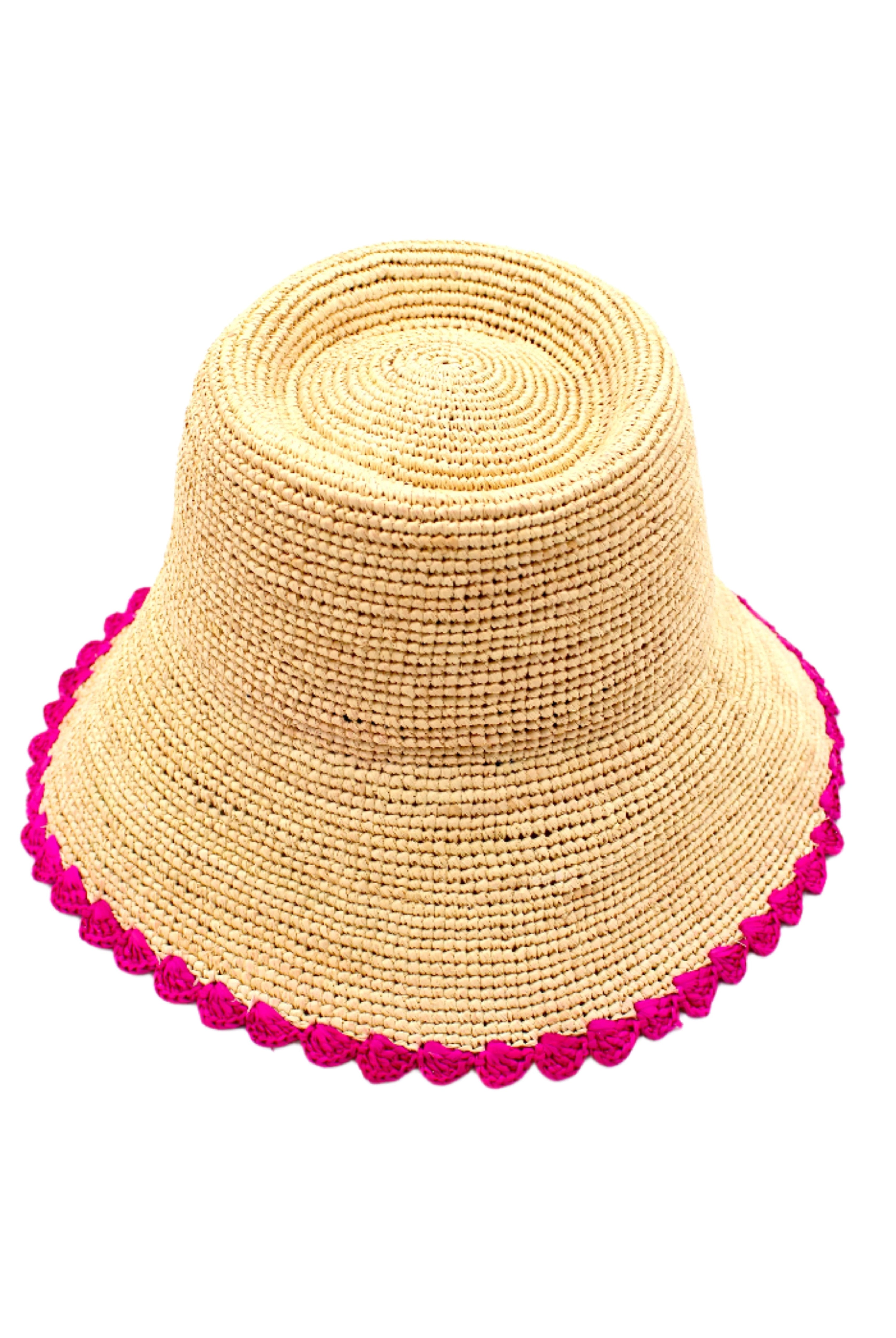 Kate Natural with Fuchsia Crochet Bucket Straw Hats with Colored Lace Weave Edge handmade woven raffia palm fiber in a solid hue of natural straw color in a subtle link texture with fuchsia hot/bright/barbie/pink lace weave floral edge trim around the outer brim two tone multicolor uv protection hat - Shebobo