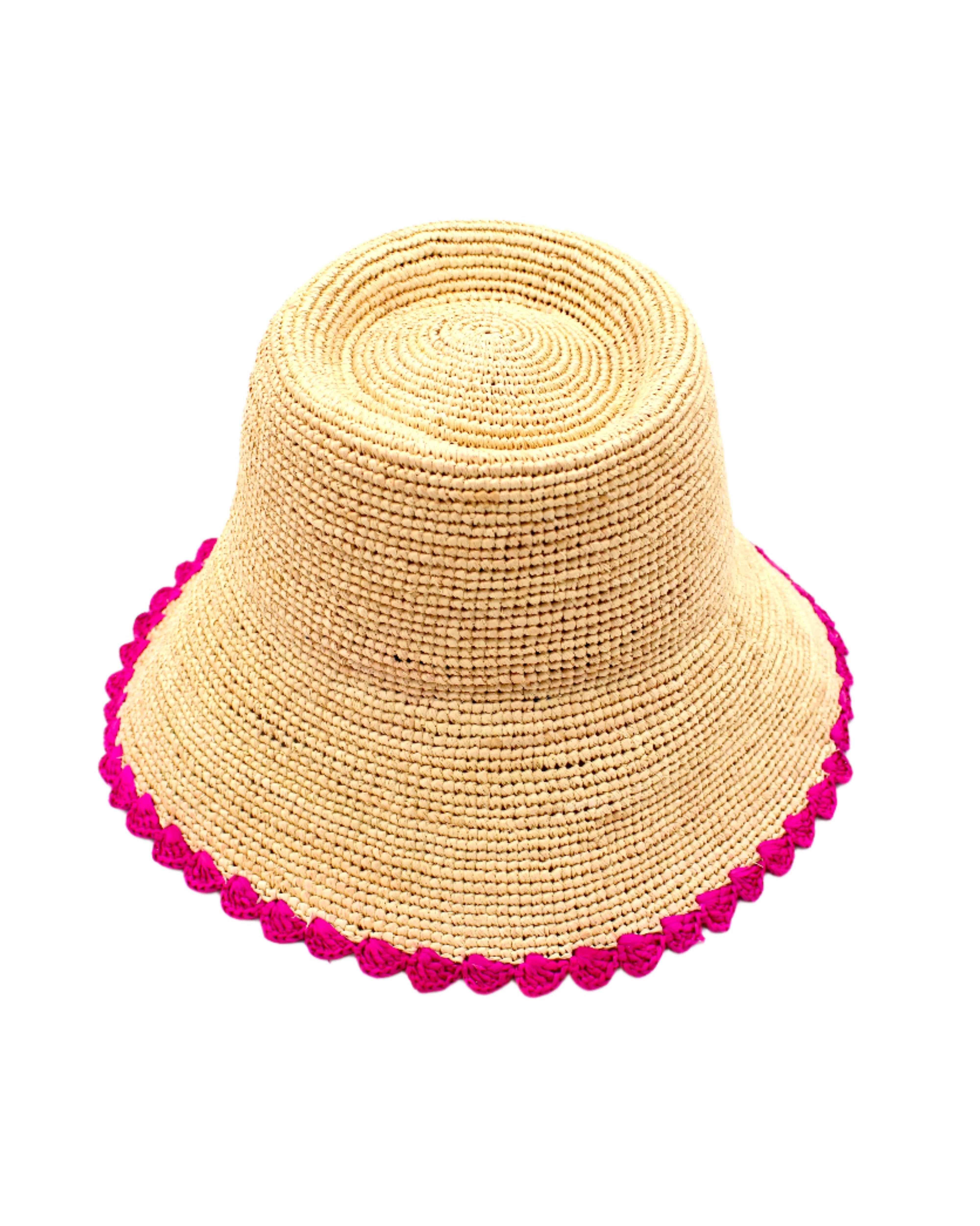 Kate Natural with Fuchsia Crochet Bucket Straw Hats with Colored Lace Weave Edge handmade woven raffia palm fiber in a solid hue of natural straw color in a subtle link texture with fuchsia hot/bright/barbie/pink lace weave floral edge trim around the outer brim two tone multicolor uv protection hat - Shebobo