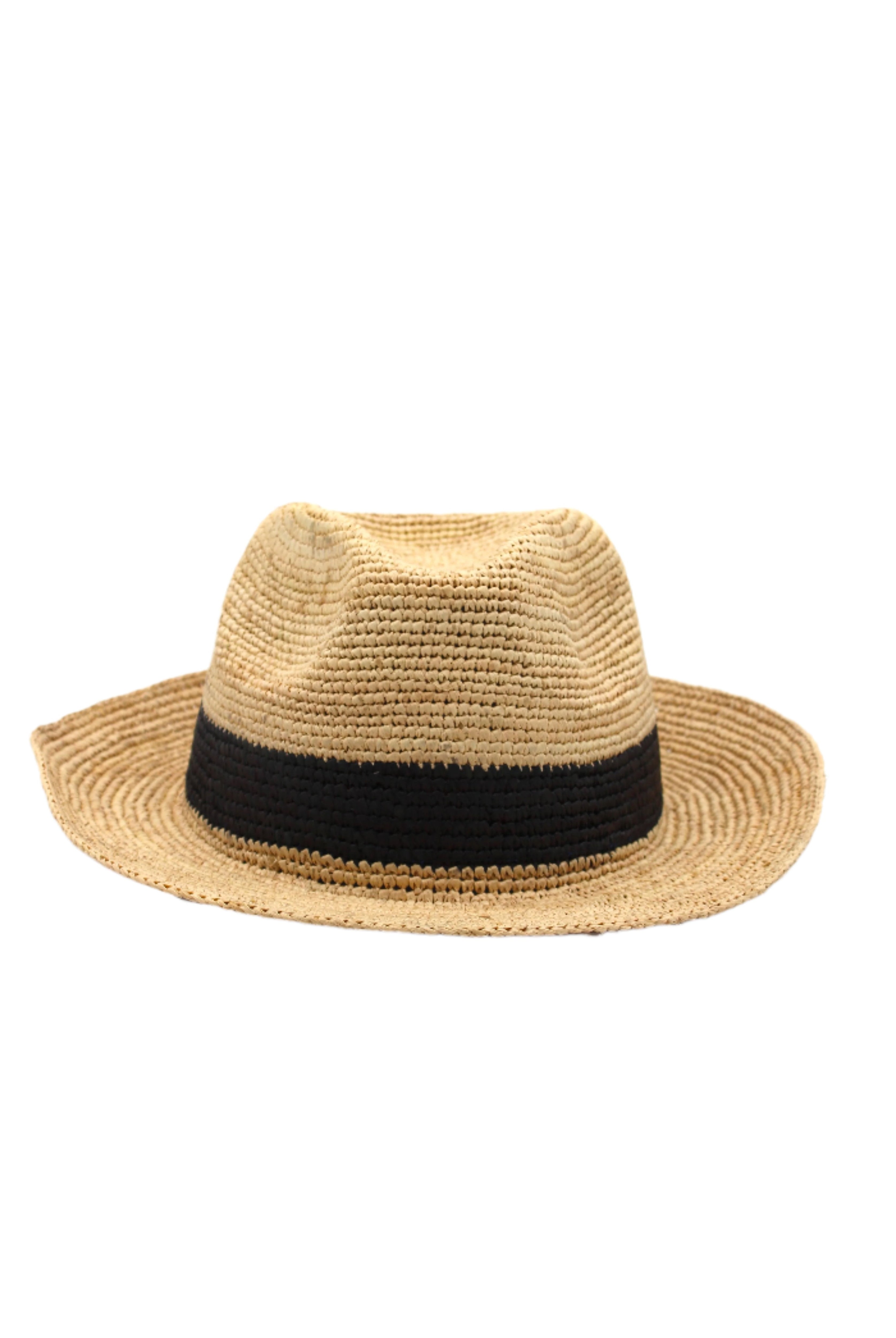 Kelly Crochet Fedora - Unisex Straw Sun Hats handmade woven natural raffia palm fiber in a solid hue of natural straw color with woven in hatband of black - Shebobo