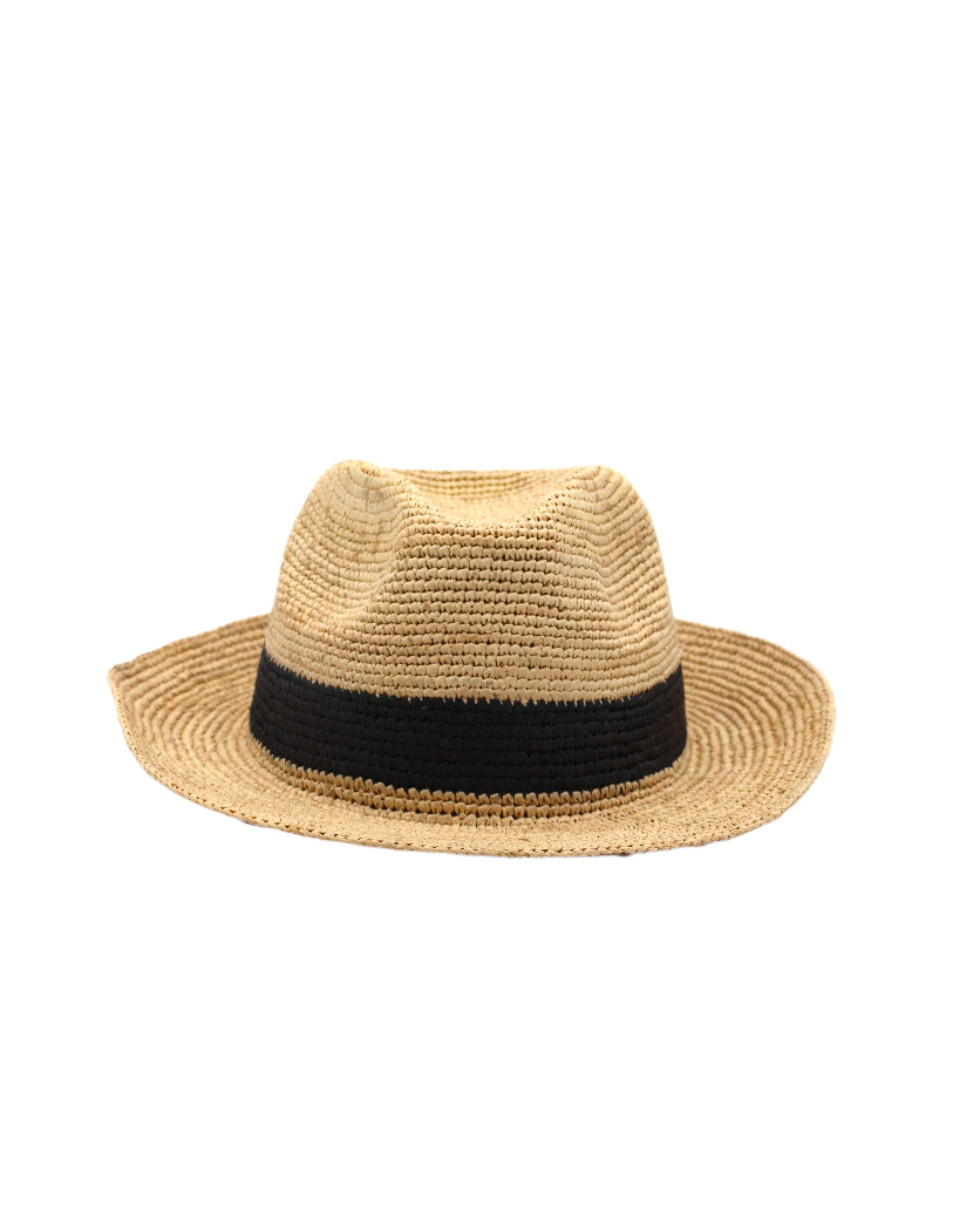 Kelly Crochet Fedora - Unisex Straw Sun Hats handmade woven natural raffia palm fiber in a solid hue of natural straw color with woven in hatband of black - Shebobo