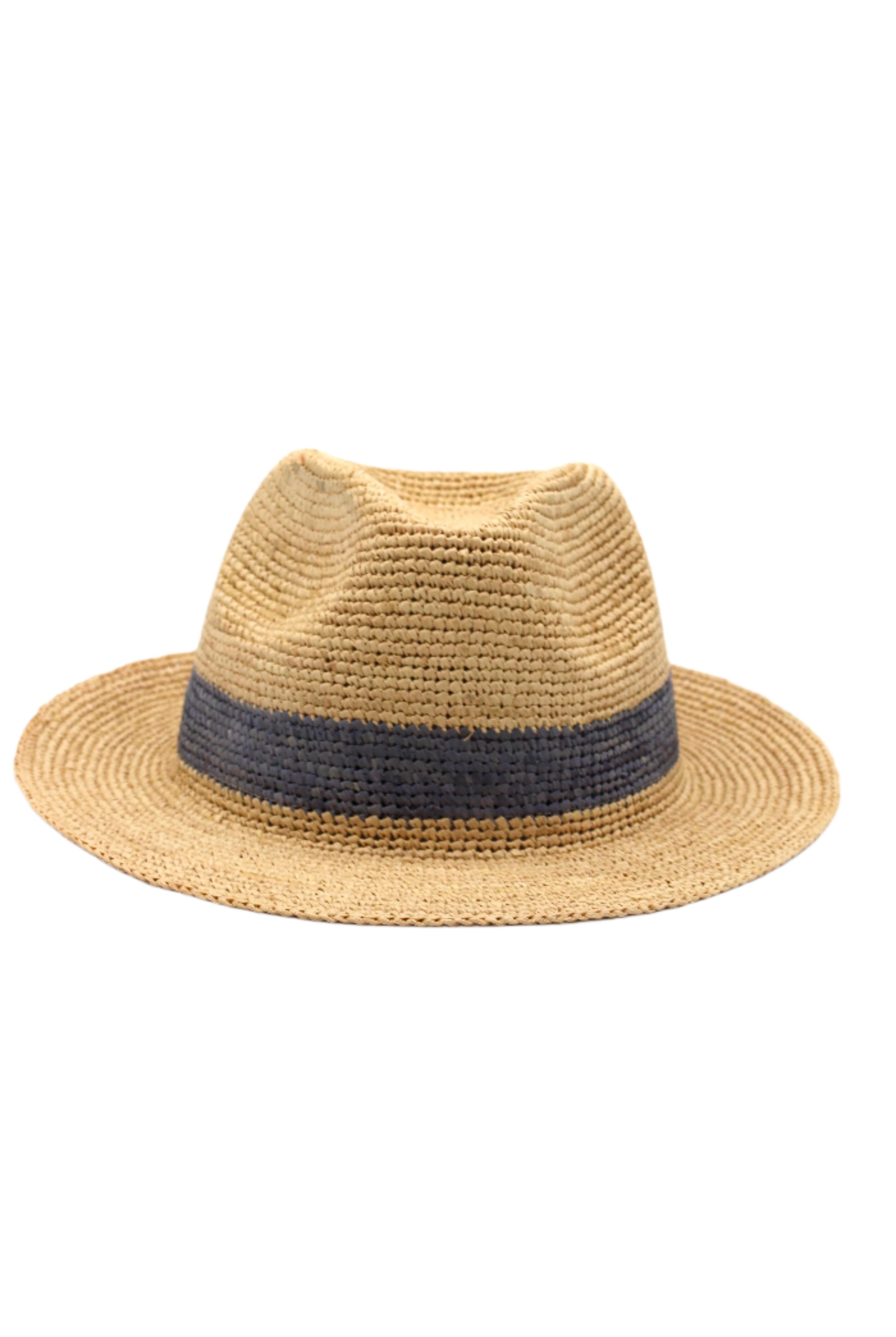 Kelly Crochet Fedora - Unisex Straw Sun Hats handmade woven natural raffia palm fiber in a solid hue of natural straw color with woven in hatband of grey - Shebobo