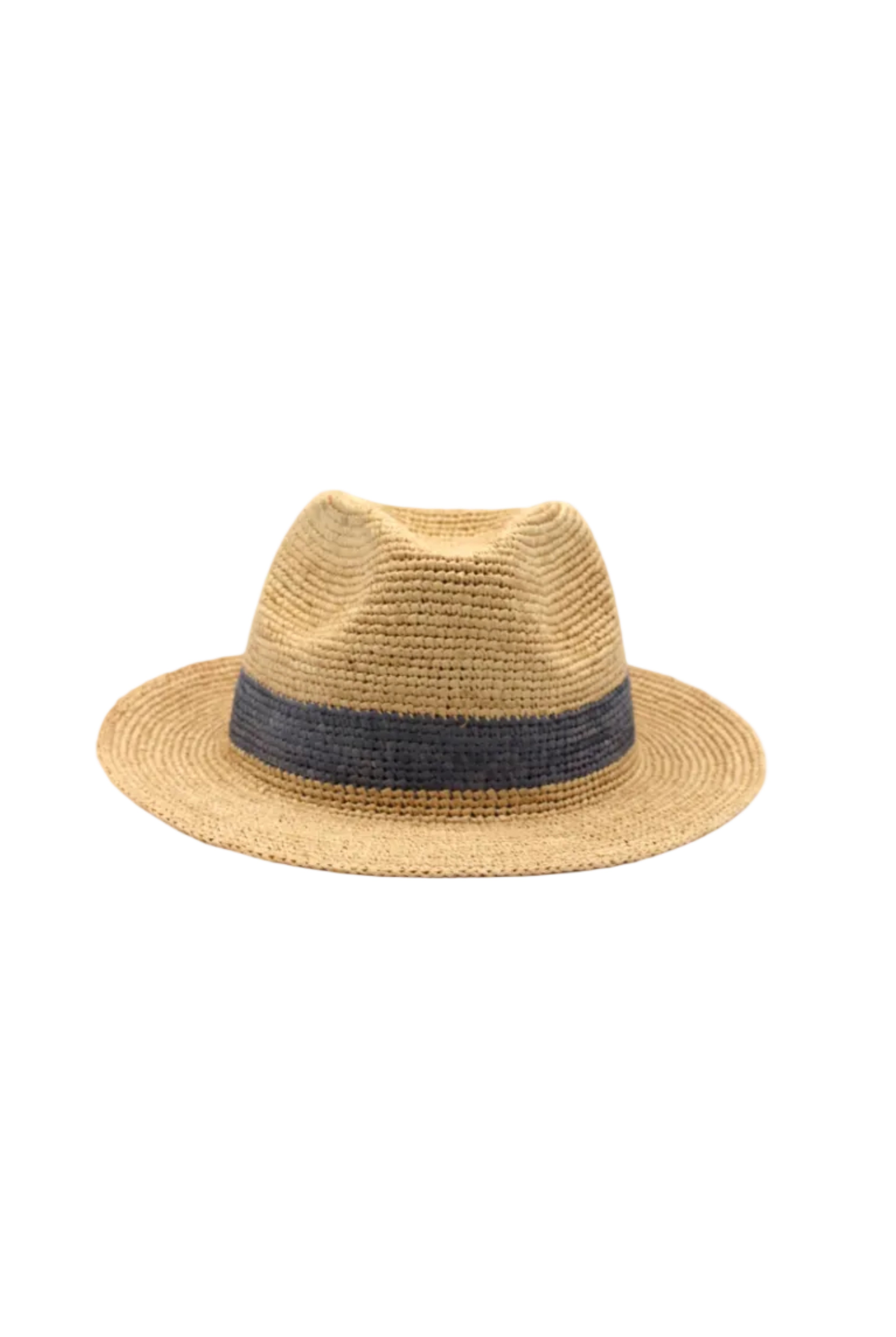 Kelly Crochet Fedora - Unisex Straw Sun Hats handmade woven natural raffia palm fiber in a solid hue of natural straw color with woven in hatband of grey - Shebobo