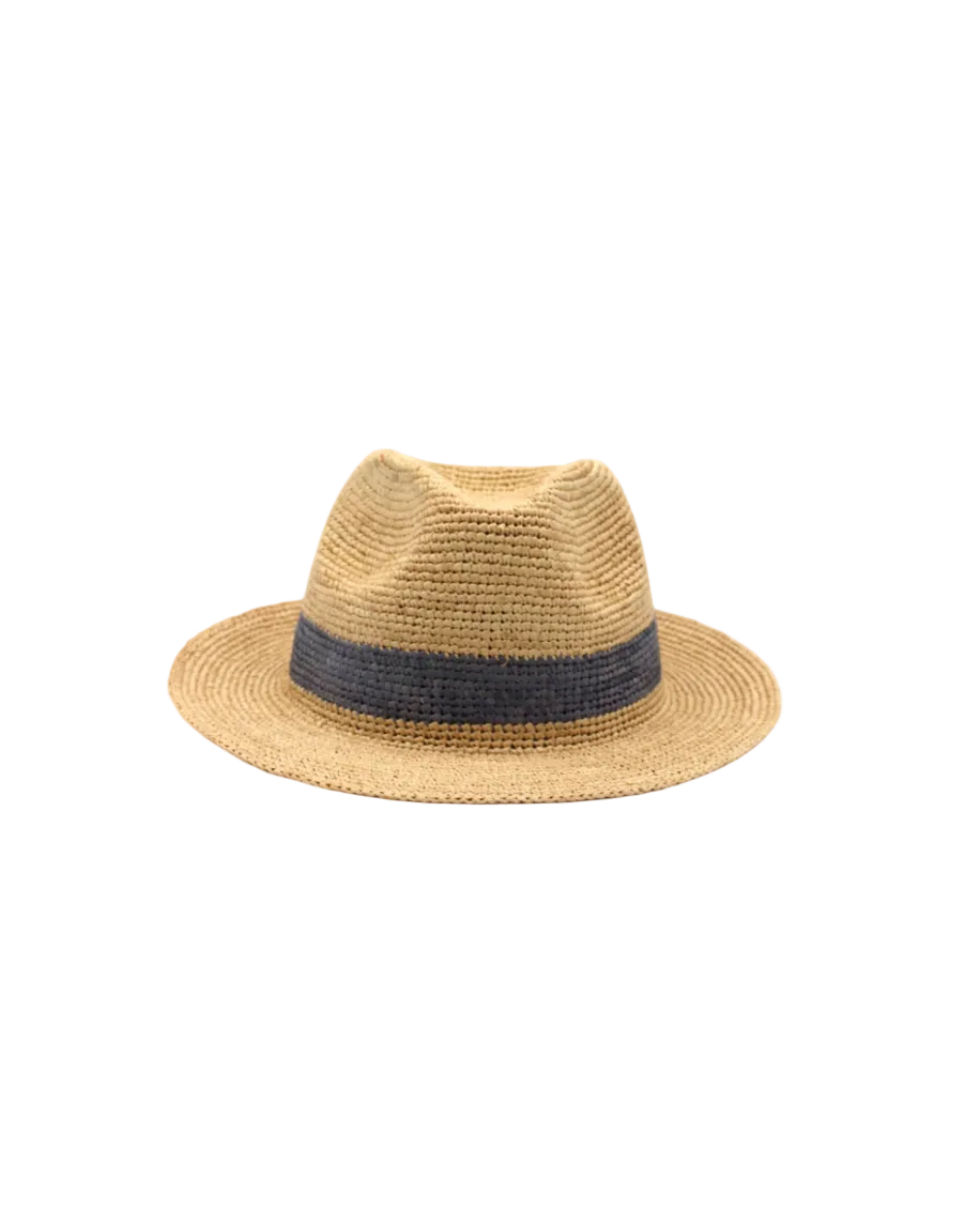 Kelly Crochet Fedora - Unisex Straw Sun Hats handmade woven natural raffia palm fiber in a solid hue of natural straw color with woven in hatband of grey - Shebobo
