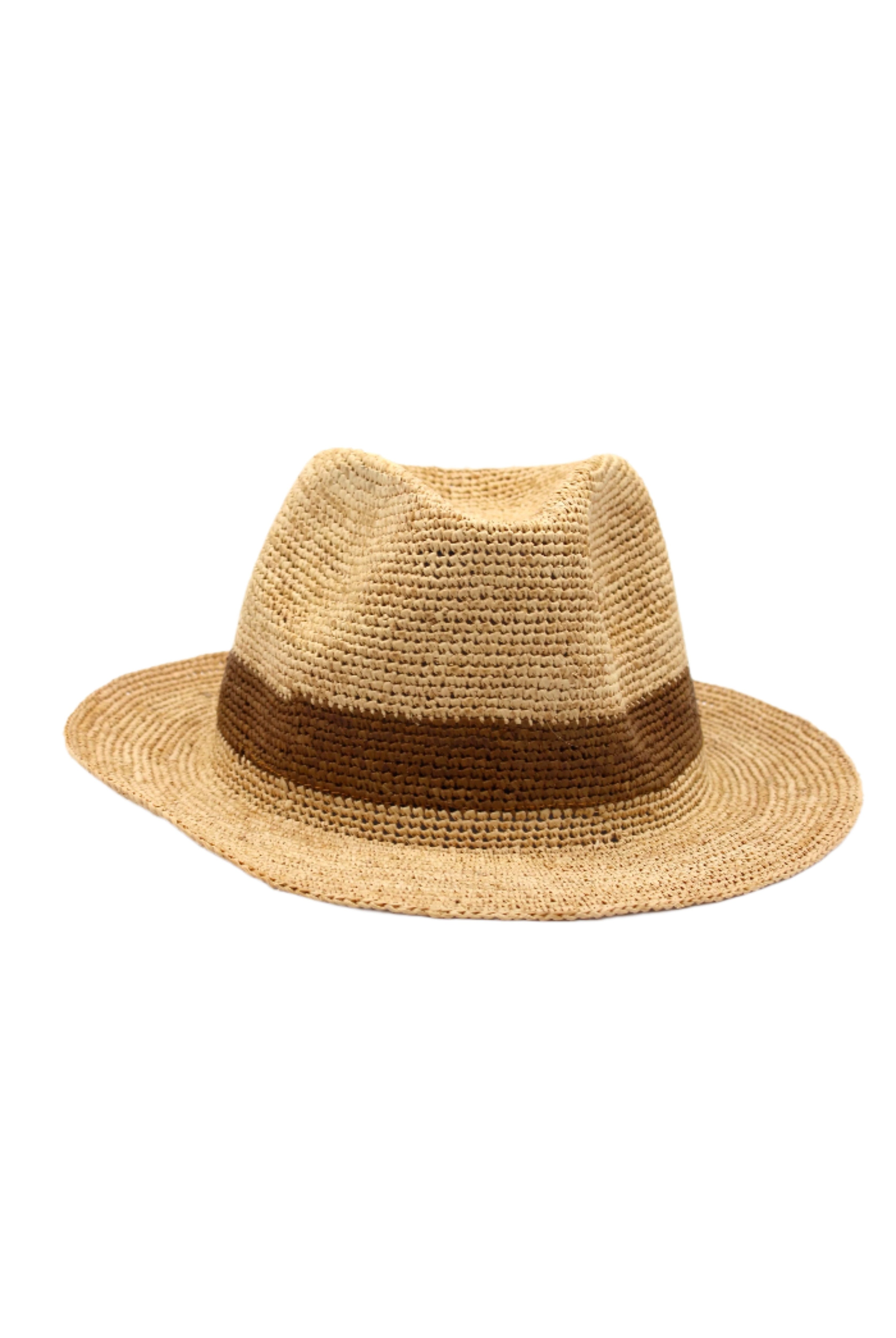 Kelly Crochet Fedora - Unisex Straw Sun Hats handmade woven natural raffia palm fiber in a solid hue of natural straw color with woven in hatband of cinnamon/tobacco/brown - Shebobo