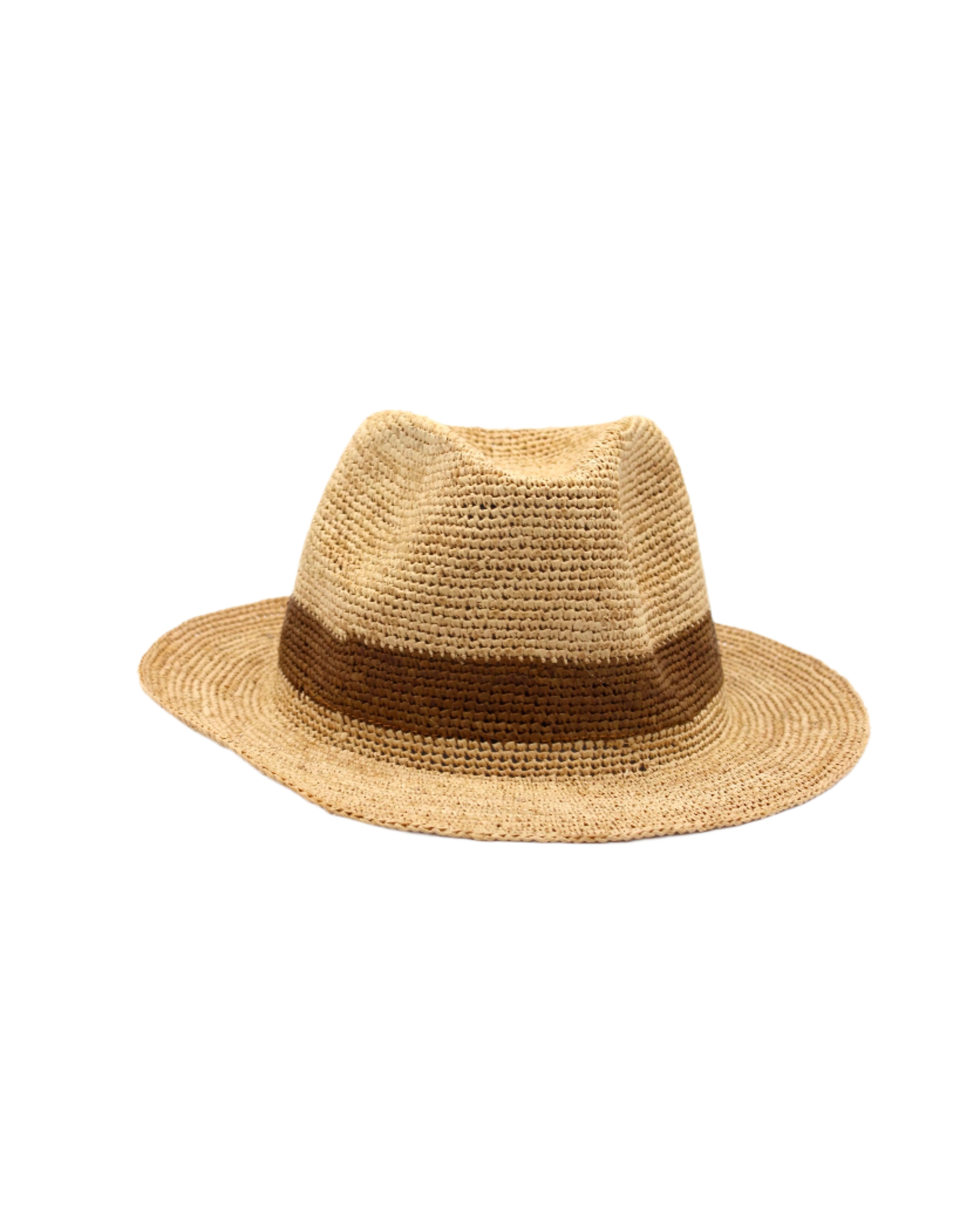 Kelly Crochet Fedora - Unisex Straw Sun Hats handmade woven natural raffia palm fiber in a solid hue of natural straw color with woven in hatband of cinnamon/tobacco/brown - Shebobo