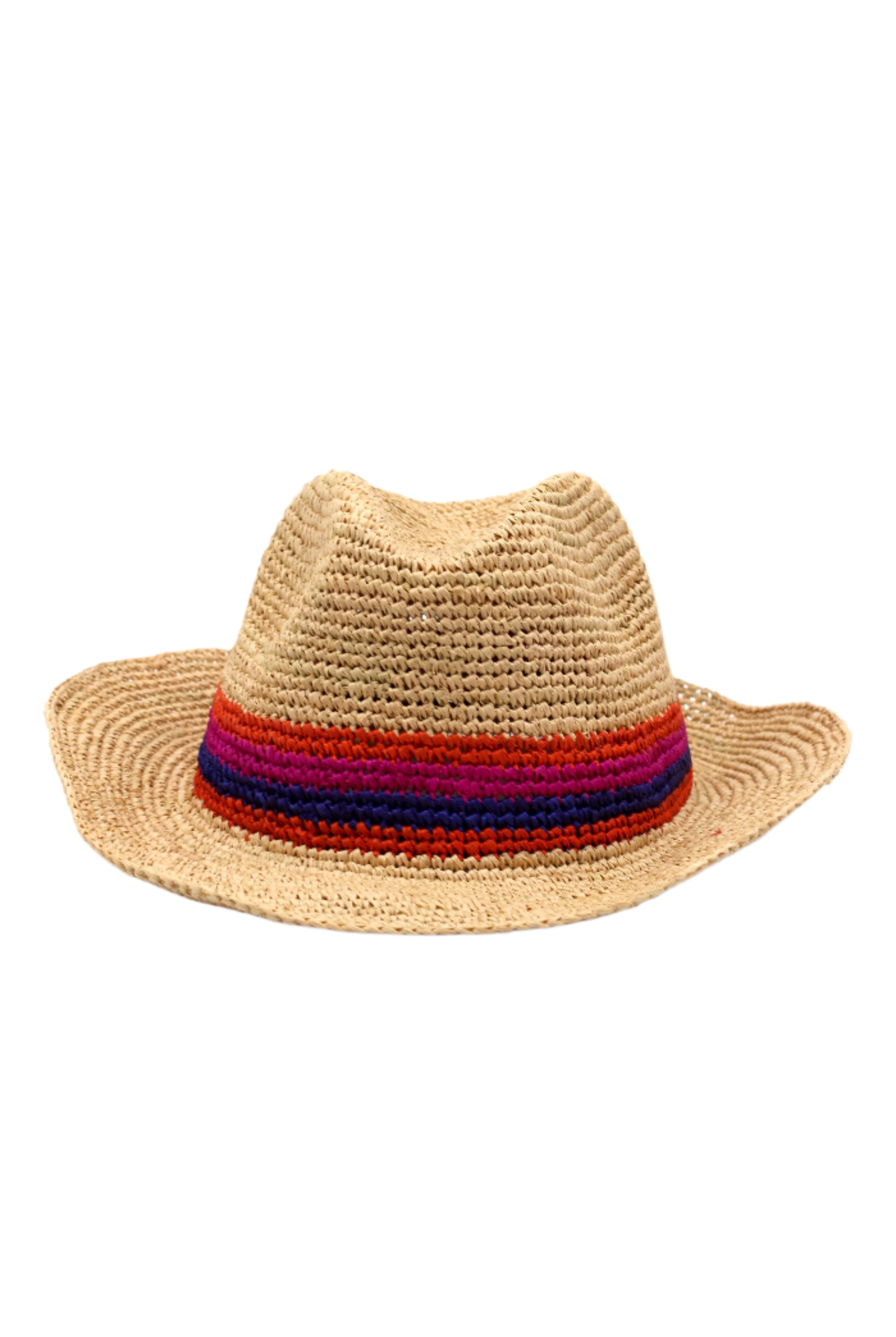 Kelly Crochet Fedora - Unisex Straw Sun Hats handmade woven natural raffia palm fiber in a solid hue of natural straw color with woven in multicolored hatband of fuchsia bright/hot/barbie/pink, coral orange/red, and navy blue hues - Shebobo