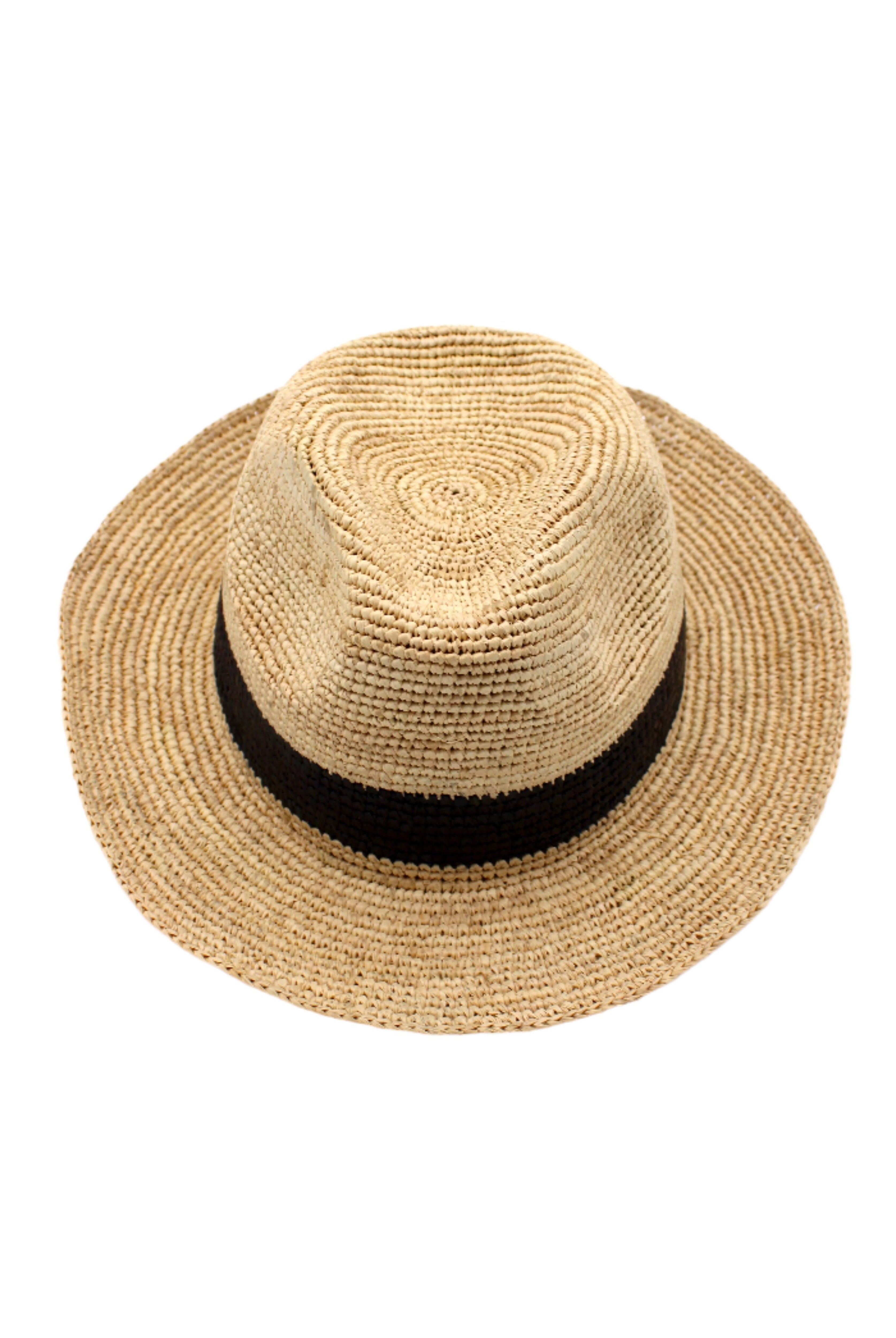 Kelly Crochet Fedora - Unisex Straw Sun Hats handmade woven natural raffia palm fiber in a solid hue of natural straw color with woven in hatband of black - Shebobo