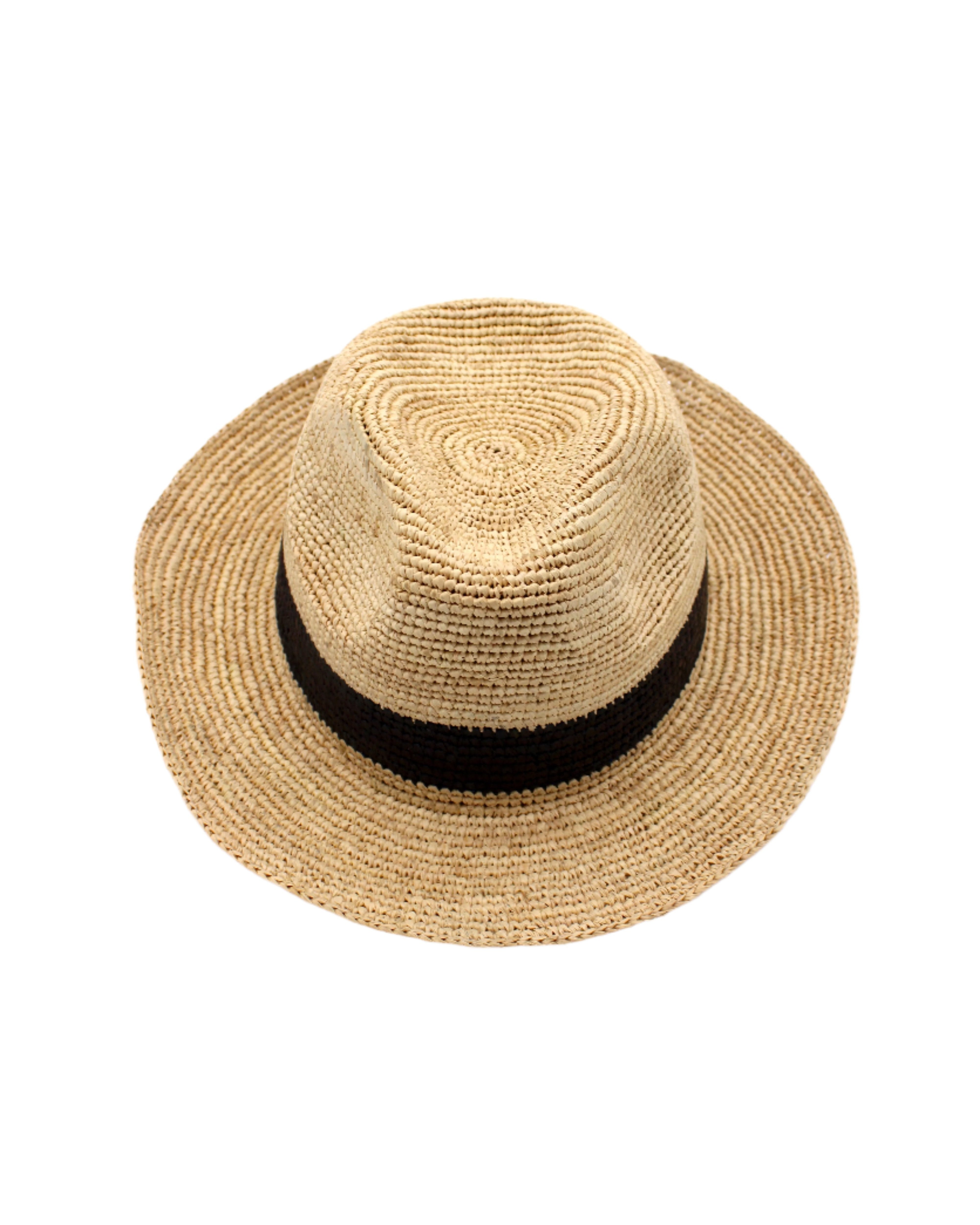 Kelly Crochet Fedora - Unisex Straw Sun Hats handmade woven natural raffia palm fiber in a solid hue of natural straw color with woven in hatband of black - Shebobo
