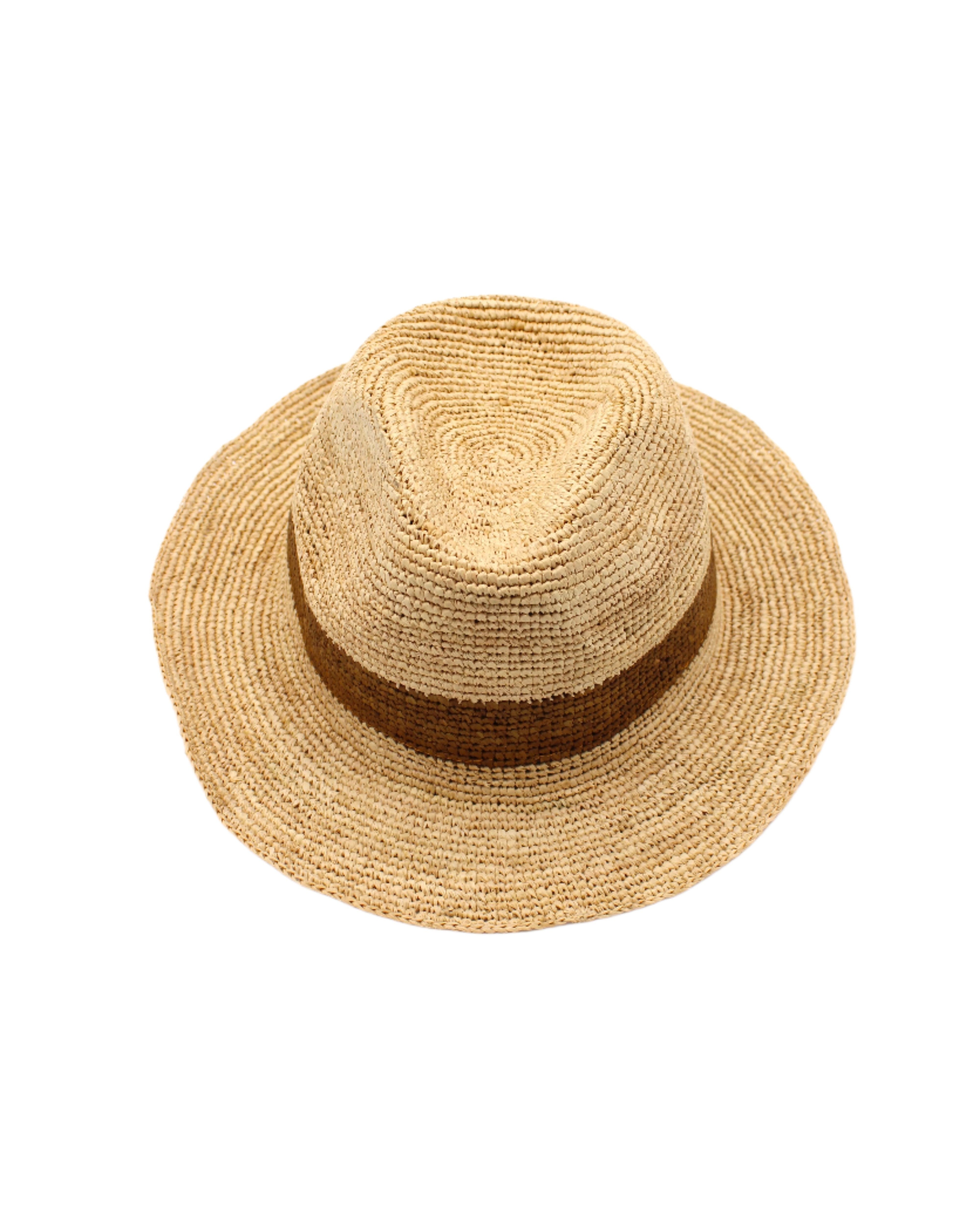 Kelly Crochet Fedora - Unisex Straw Sun Hats handmade woven natural raffia palm fiber in a solid hue of natural straw color with woven in hatband of cinnamon/tobacco/brown - Shebobo