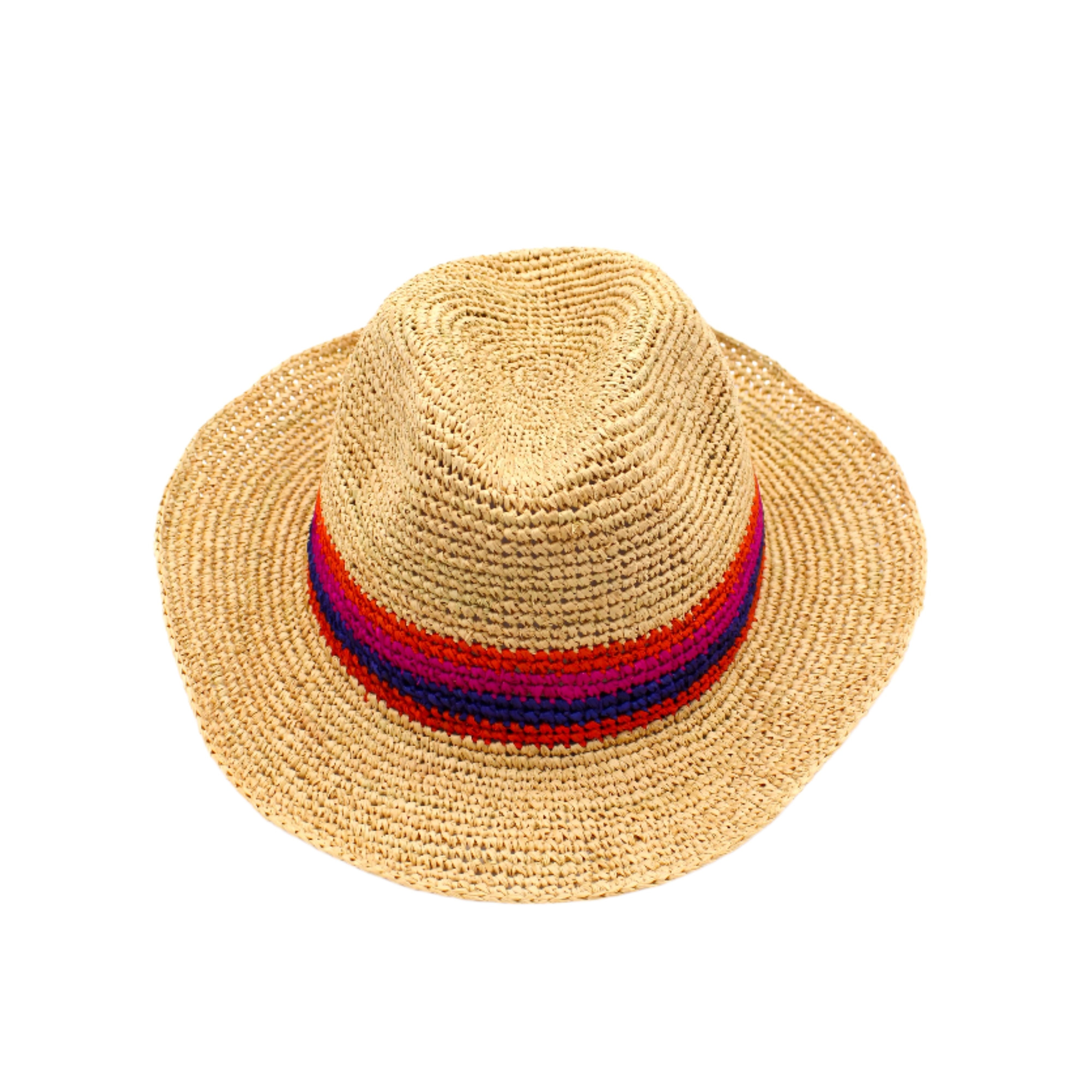 Kelly Crochet Fedora - Unisex Straw Sun Hats handmade woven natural raffia palm fiber in a solid hue of natural straw color with woven in multicolored hatband of fuchsia bright/hot/barbie/pink, coral orange/red, and navy blue hues - Shebobo