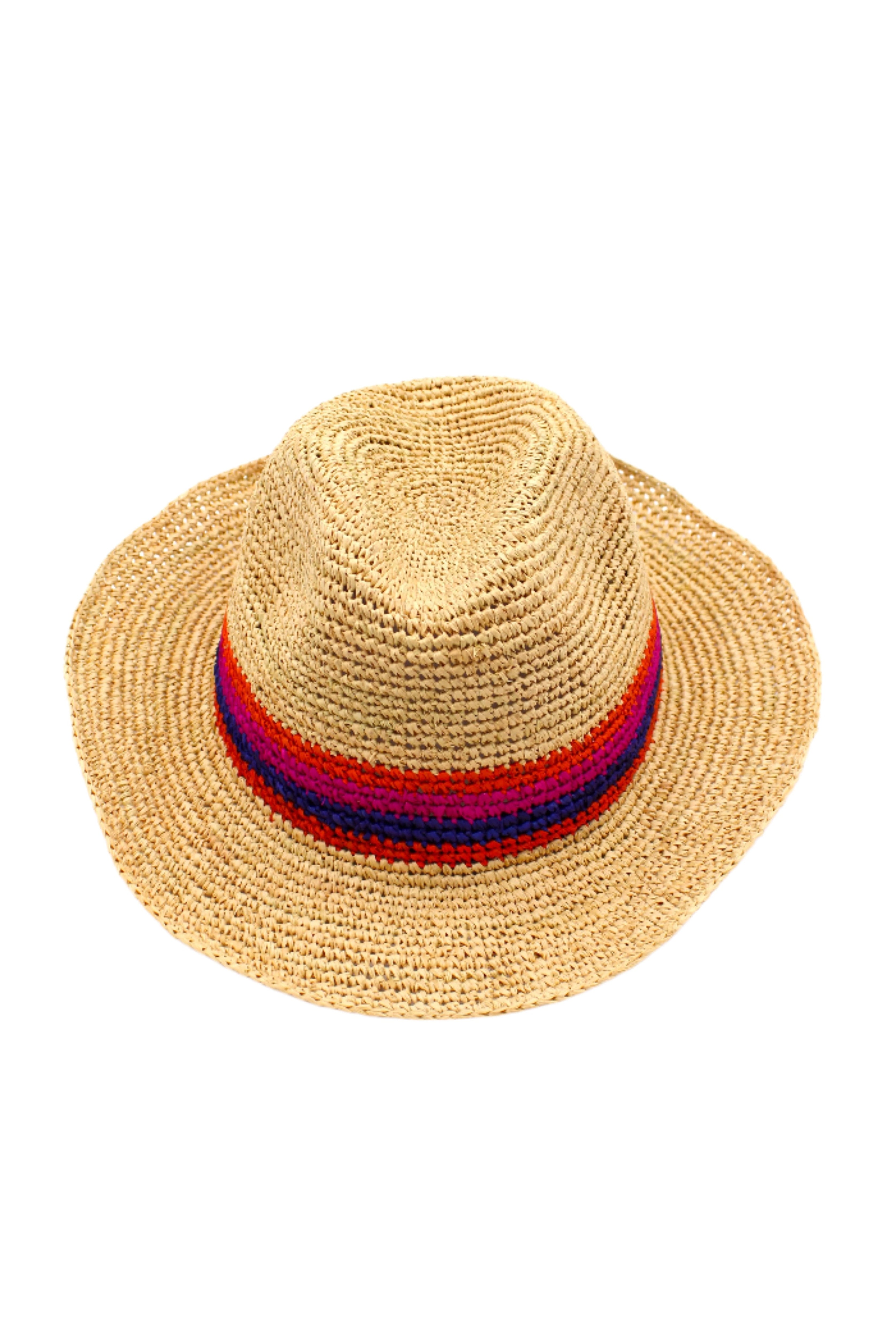 Kelly Crochet Fedora - Unisex Straw Sun Hats handmade woven natural raffia palm fiber in a solid hue of natural straw color with woven in multicolored hatband of fuchsia bright/hot/barbie/pink, coral orange/red, and navy blue hues - Shebobo