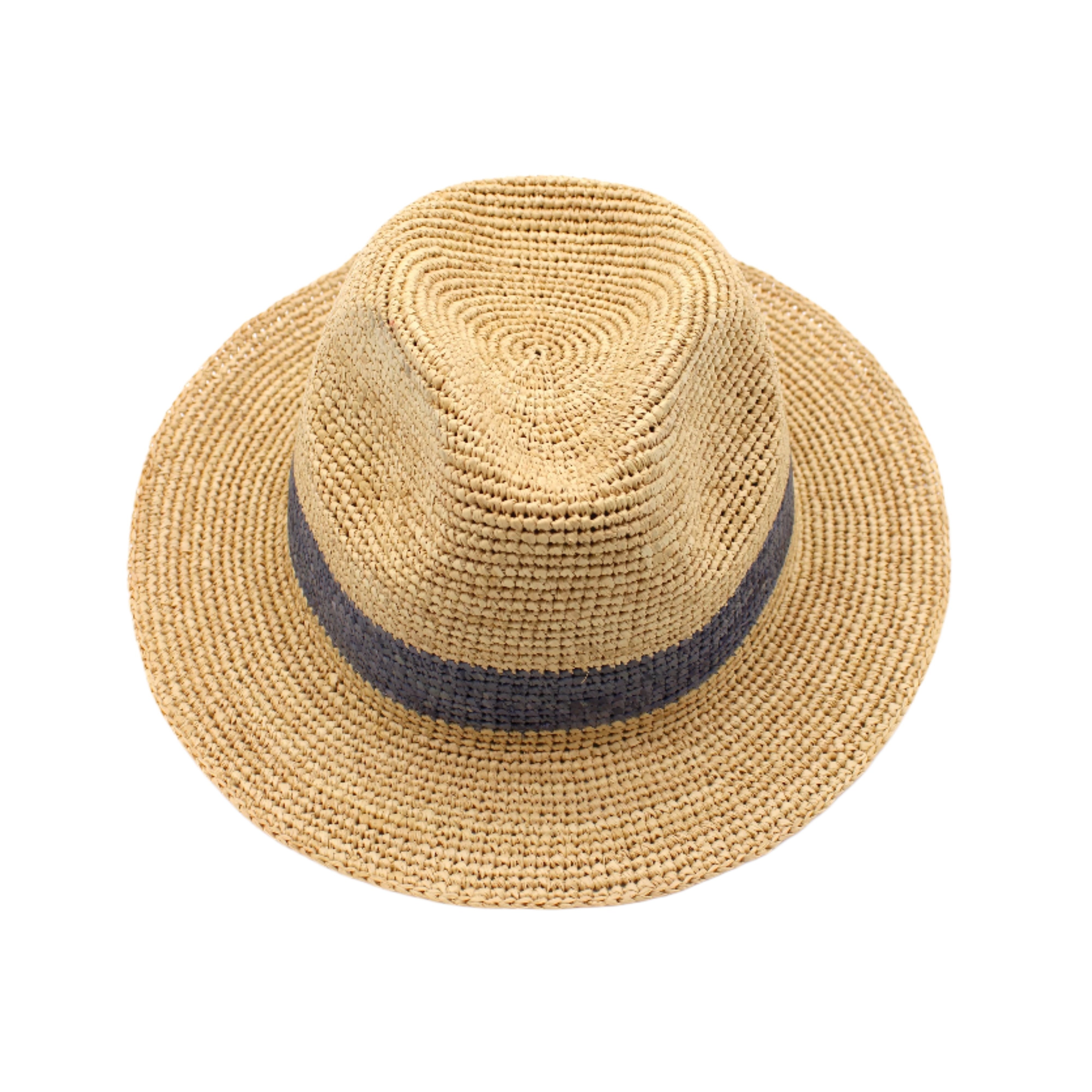 Kelly Crochet Fedora - Unisex Straw Sun Hats handmade woven natural raffia palm fiber in a solid hue of natural straw color with woven in hatband of grey - Shebobo