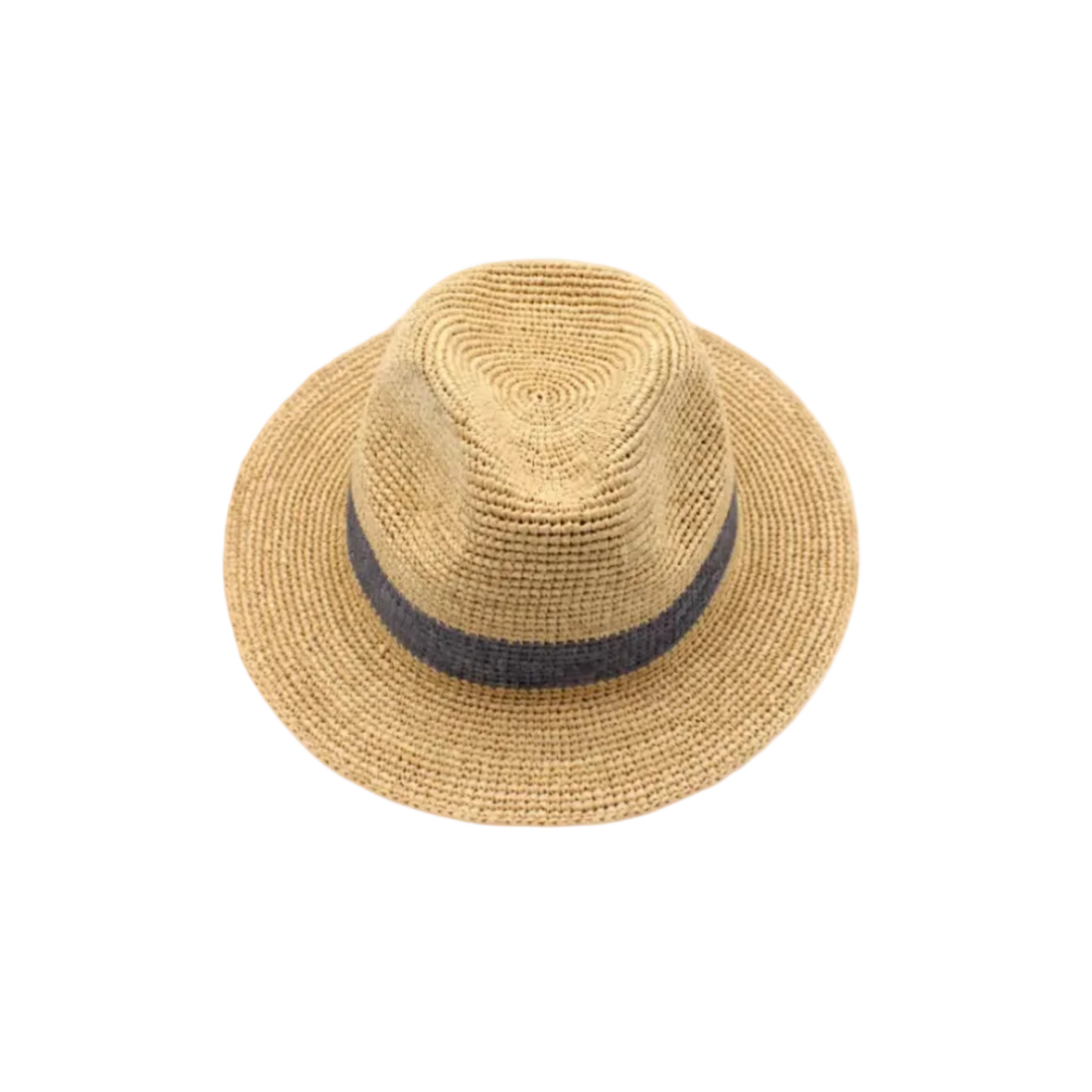 Kelly Crochet Fedora - Unisex Straw Sun Hats handmade woven natural raffia palm fiber in a solid hue of natural straw color with woven in hatband of grey - Shebobo