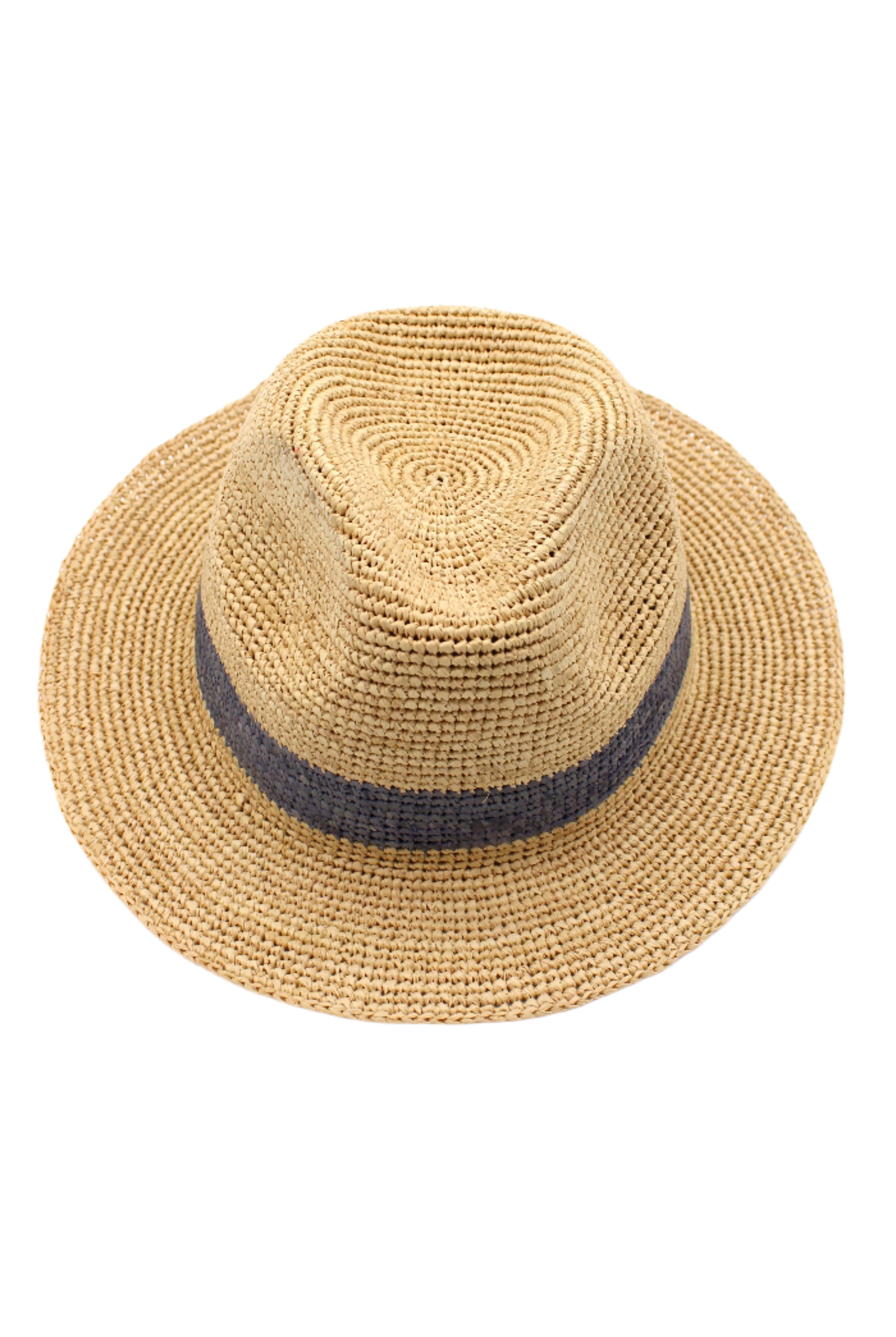 Kelly Crochet Fedora - Unisex Straw Sun Hats handmade woven natural raffia palm fiber in a solid hue of natural straw color with woven in hatband of grey - Shebobo