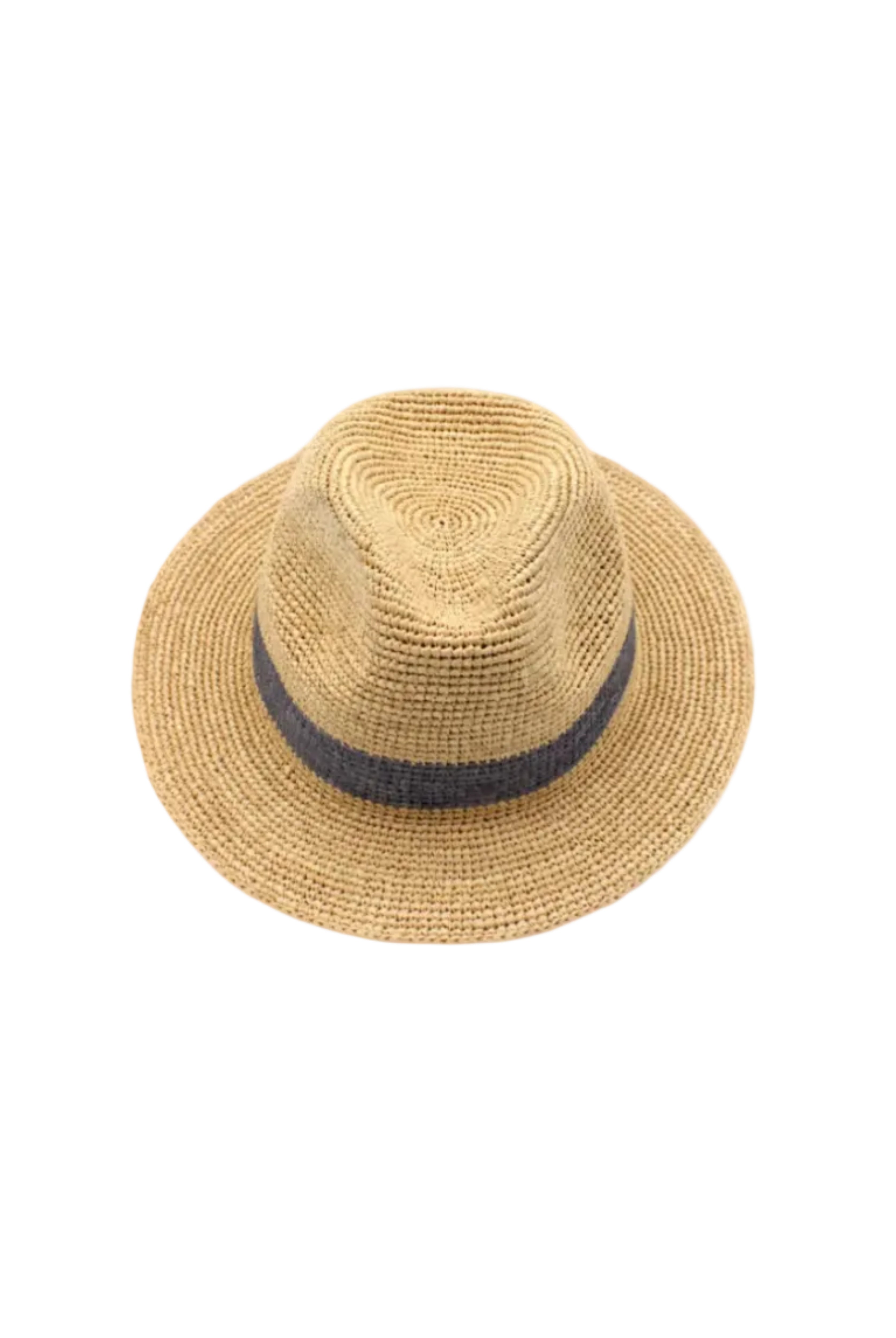 Kelly Crochet Fedora - Unisex Straw Sun Hats handmade woven natural raffia palm fiber in a solid hue of natural straw color with woven in hatband of grey - Shebobo
