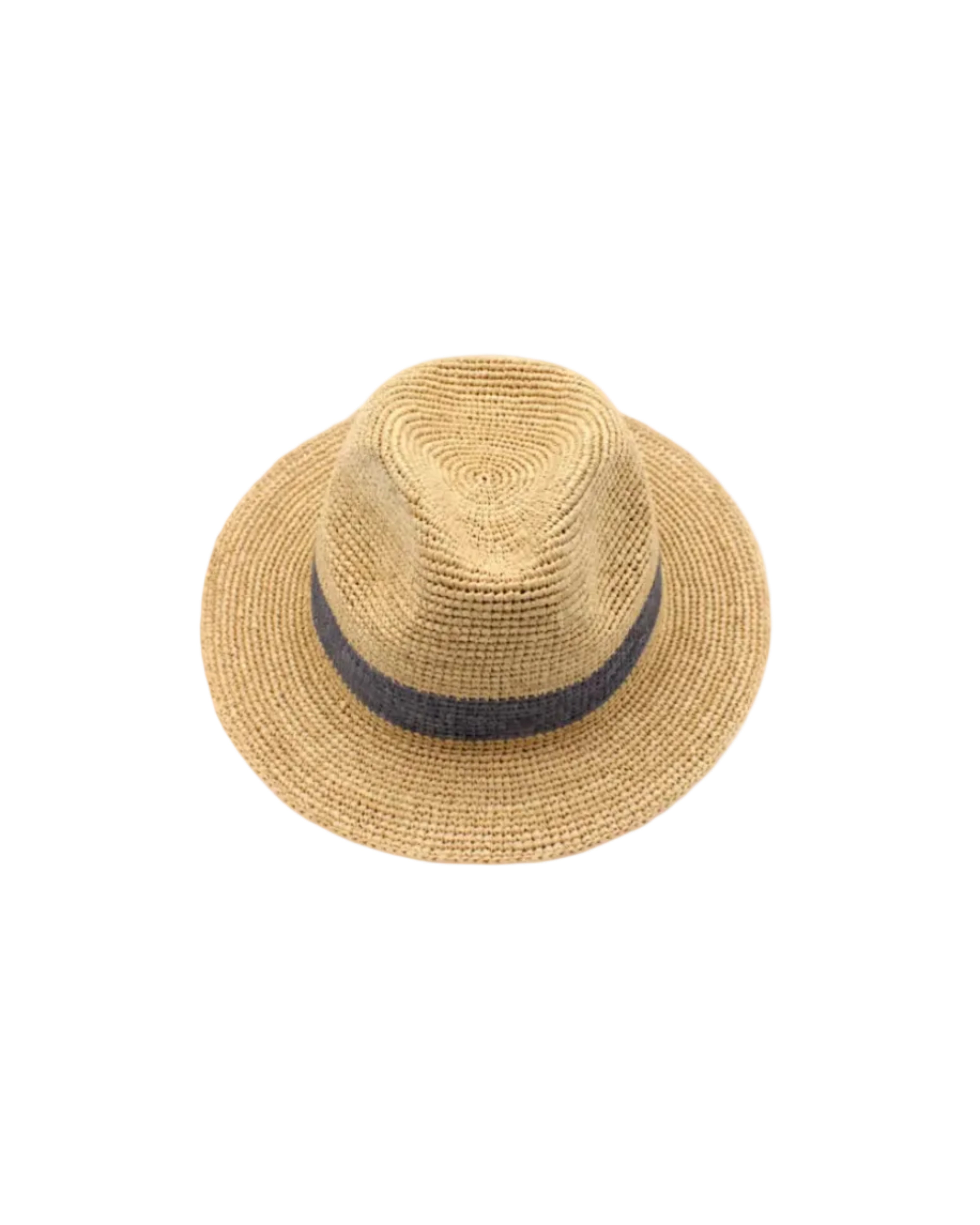 Kelly Crochet Fedora - Unisex Straw Sun Hats handmade woven natural raffia palm fiber in a solid hue of natural straw color with woven in hatband of grey - Shebobo