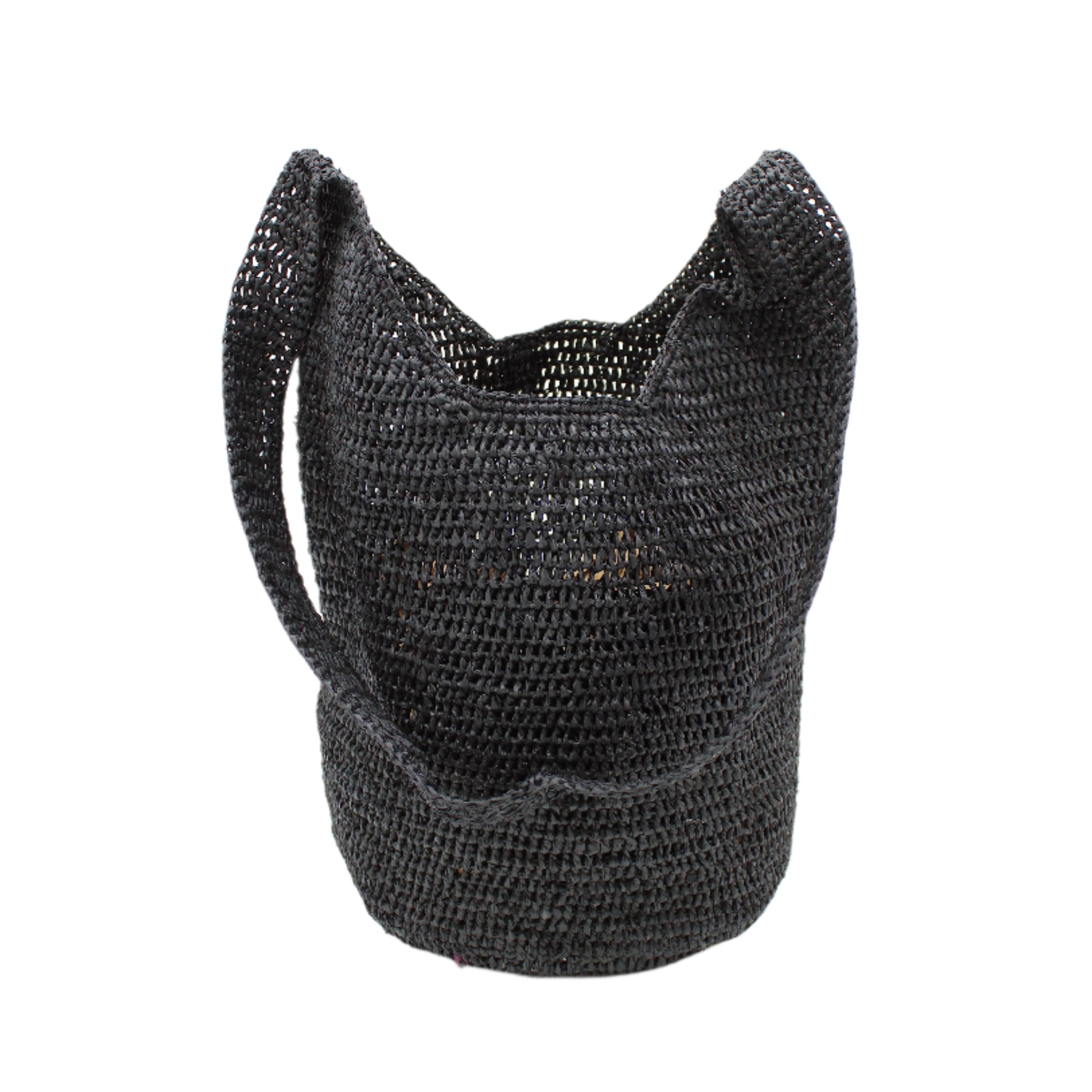 Kiki Crochet Straw Crossbody Bag handmade natural raffia palm fiber in a crochet pattern of subtle linked bands in a solid hue of black purse - Shebobo