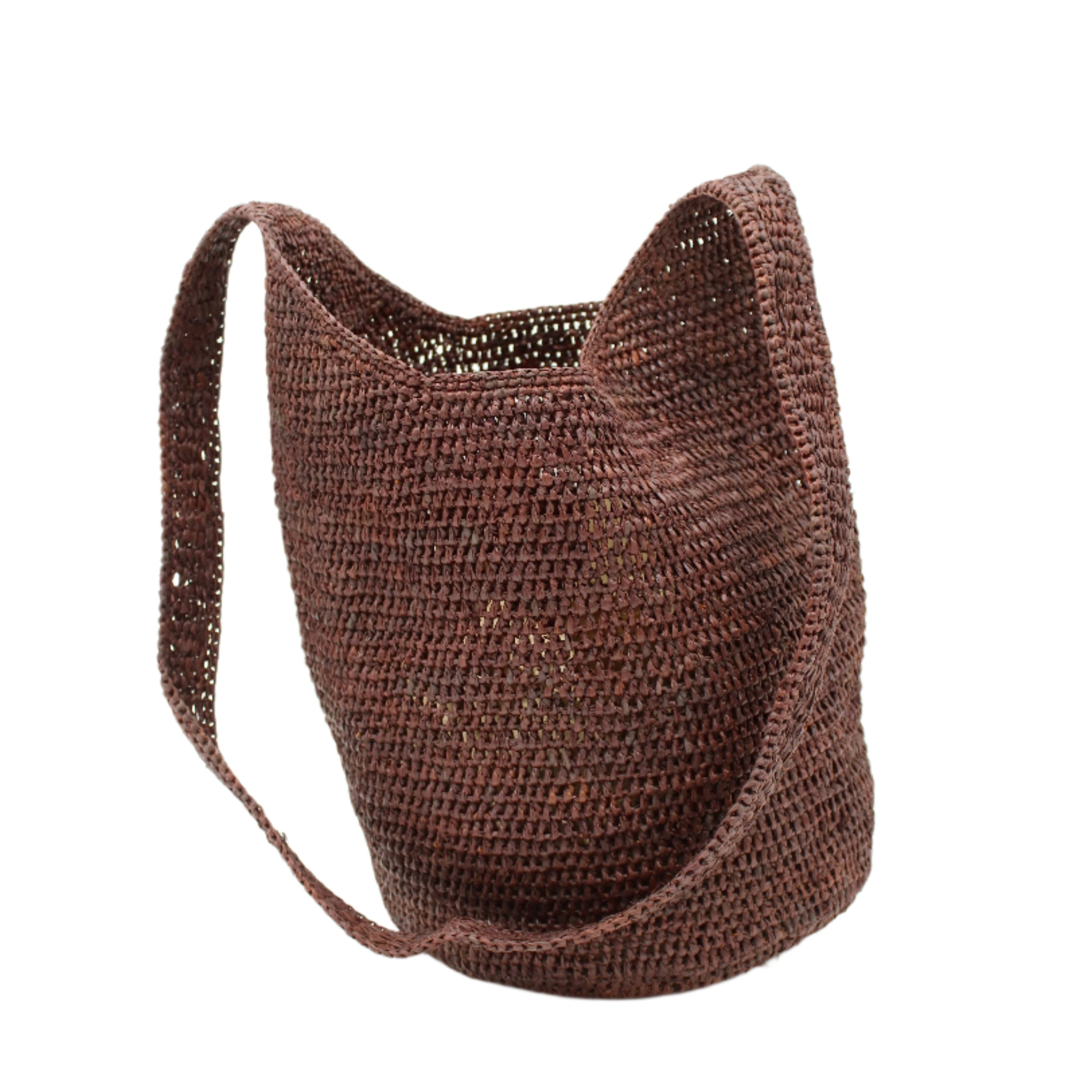 Kiki Crochet Straw Crossbody Bag handmade natural raffia palm fiber in a crochet pattern of subtle linked bands in a solid hue of dark chocolate brown purse - Shebobo
