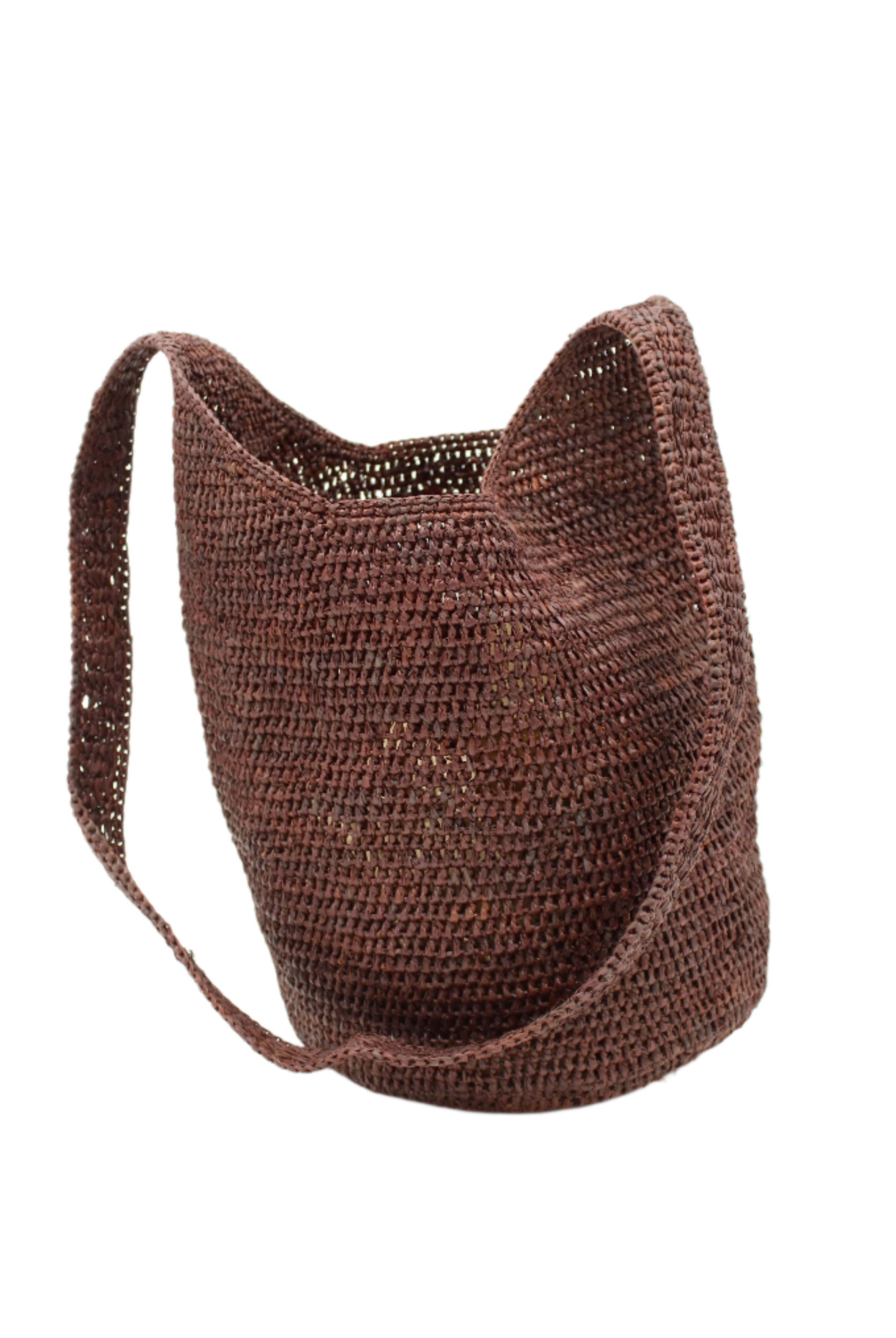 Kiki Crochet Straw Crossbody Bag handmade natural raffia palm fiber in a crochet pattern of subtle linked bands in a solid hue of dark chocolate brown purse - Shebobo