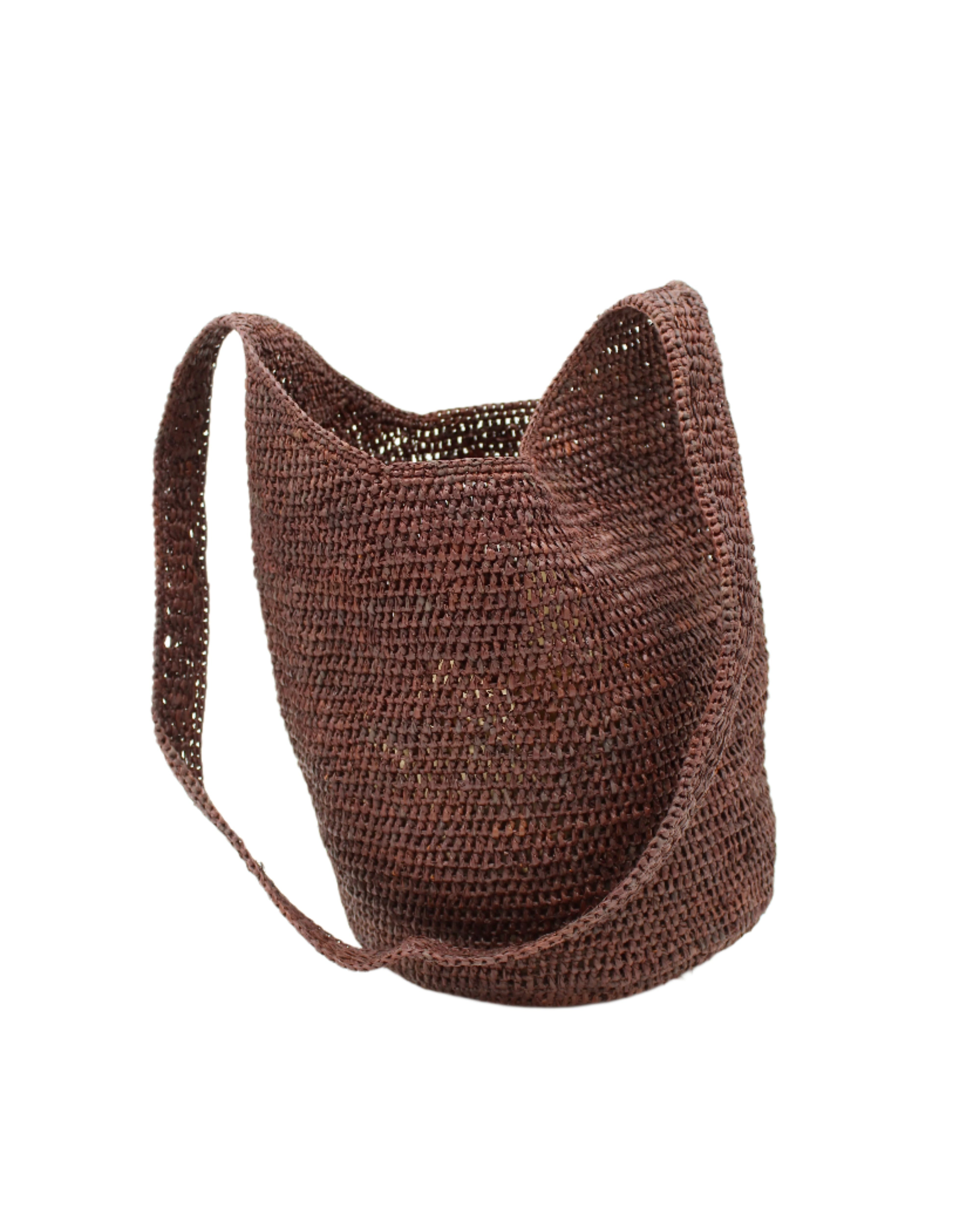 Kiki Crochet Straw Crossbody Bag handmade natural raffia palm fiber in a crochet pattern of subtle linked bands in a solid hue of dark chocolate brown purse - Shebobo