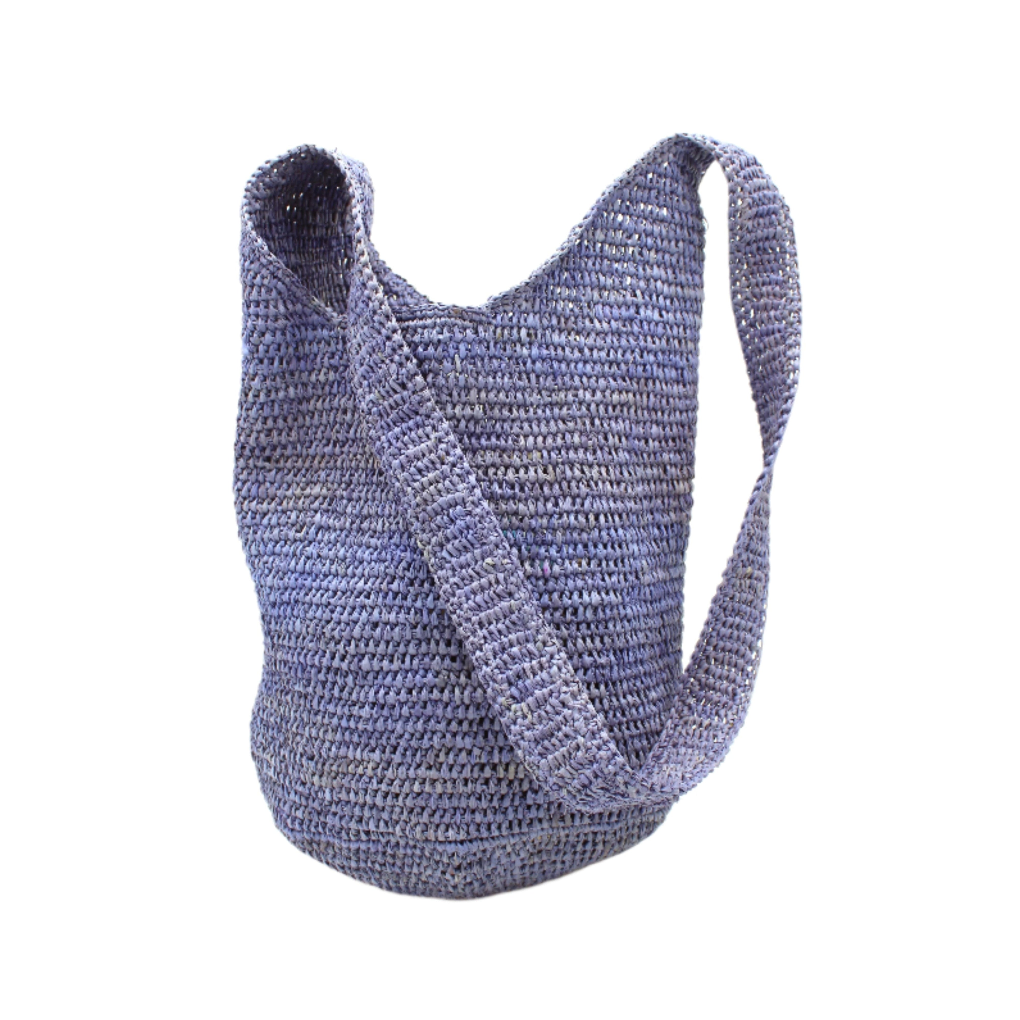 Kiki Crochet Straw Crossbody Bag handmade natural raffia palm fiber in a crochet pattern of subtle linked bands in a solid hue of denim blue purse - Shebobo