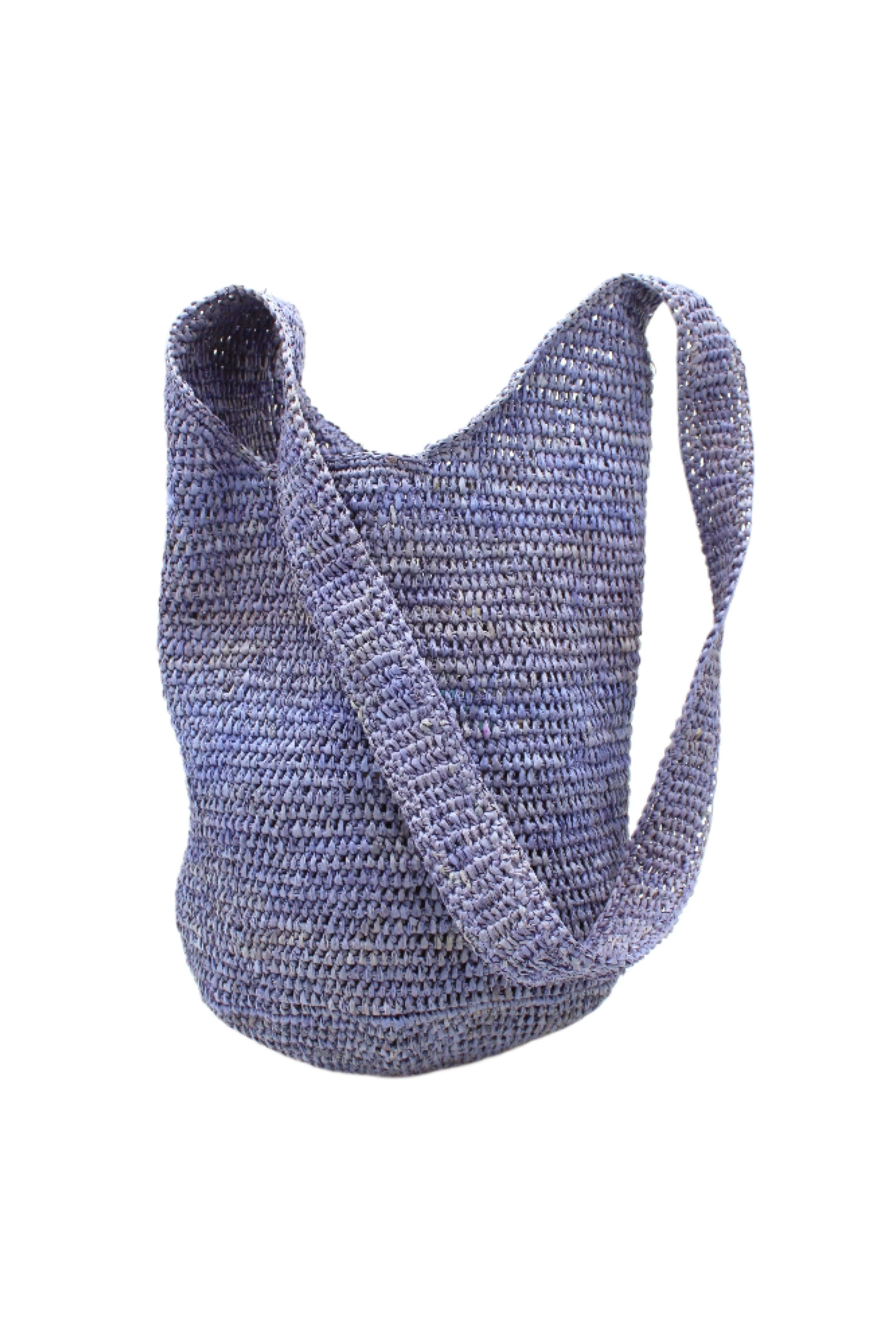 Kiki Crochet Straw Crossbody Bag handmade natural raffia palm fiber in a crochet pattern of subtle linked bands in a solid hue of denim blue purse - Shebobo