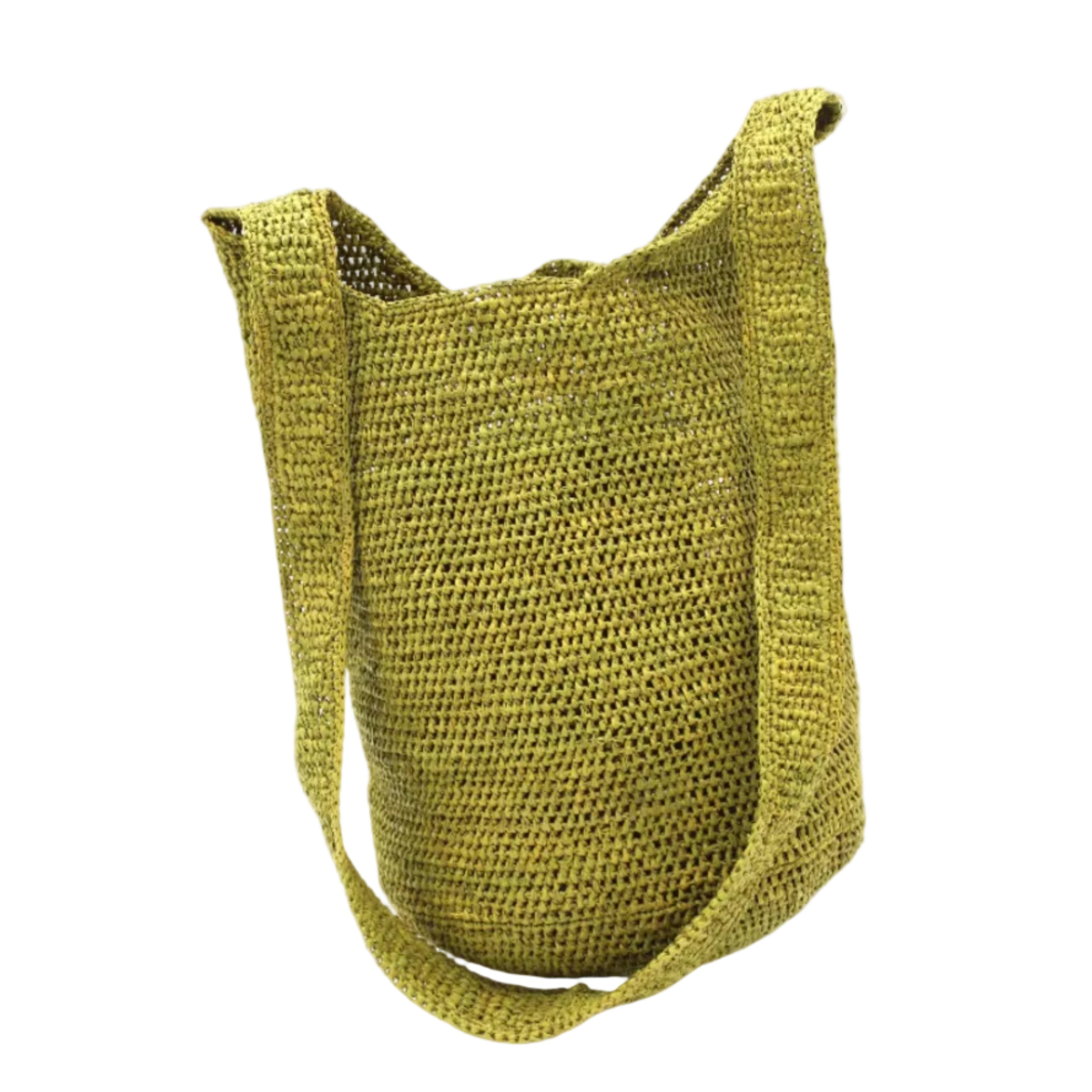 Kiki Crochet Straw Crossbody Bag handmade natural raffia palm fiber in a crochet pattern of subtle linked bands in a solid hue of olive yellow/green purse - Shebobo